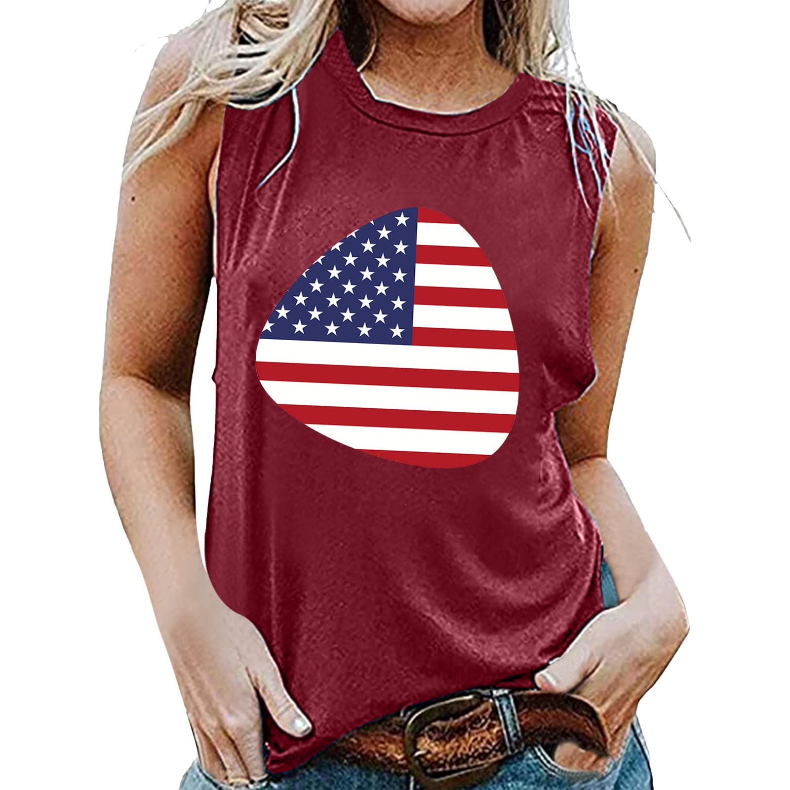 Women's Sleeveless Round Neck Printed Tank Top - 4th of July American Flag Graphic Tee - Casual Summer Blouse for Independence Day Celebrations, Beach Outings & Outdoor Activities