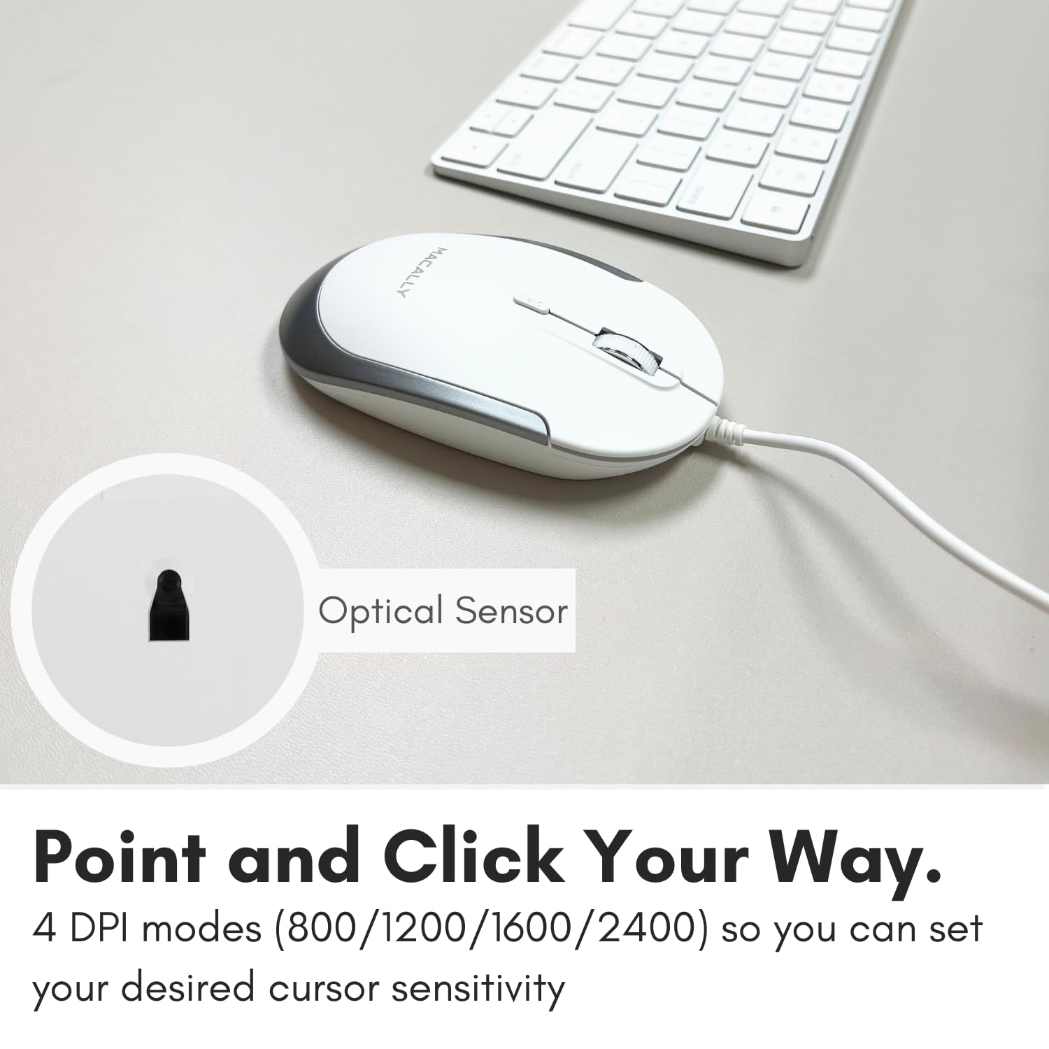 Macally Silent Wired Mouse - Slim USB Mouse for Mac/Windows PC with DPI Switch - Perfect for Office & Home Use