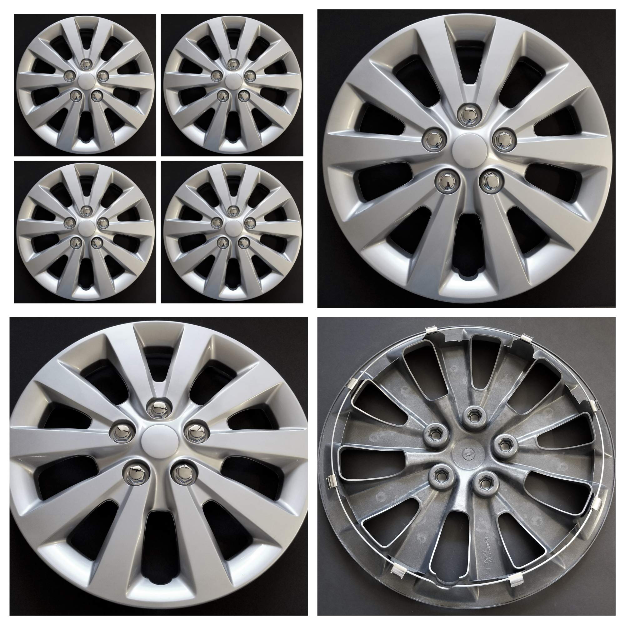 16 Inch Silver 10-Spoke Wheel Covers for 2013-2018 Nissan Sentra - Plastic Hub Caps with Spring Steel Clips & Fake Lugs (Set of 4) - Perfect for Car Upgrades, Wheel Protection, and Enhanced Vehicle Appearance