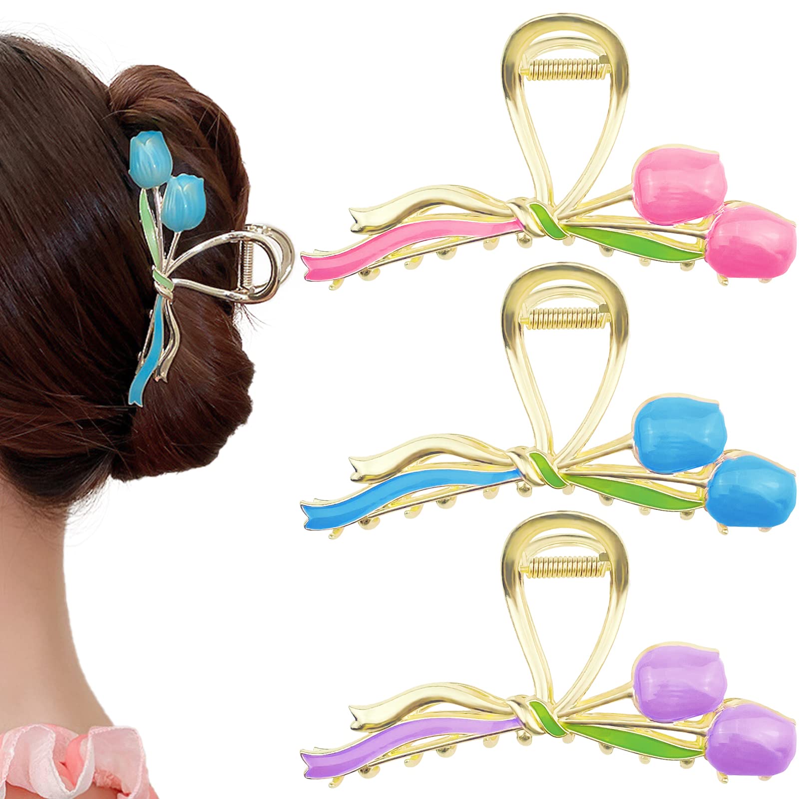 **Aswewamt 3-Pack Large Metal Tulip Flower Hair Claw Clips - Strong Hold Hair Barrettes for Women, Fashion Hair Accessories for Party, Wedding, Daily Use**