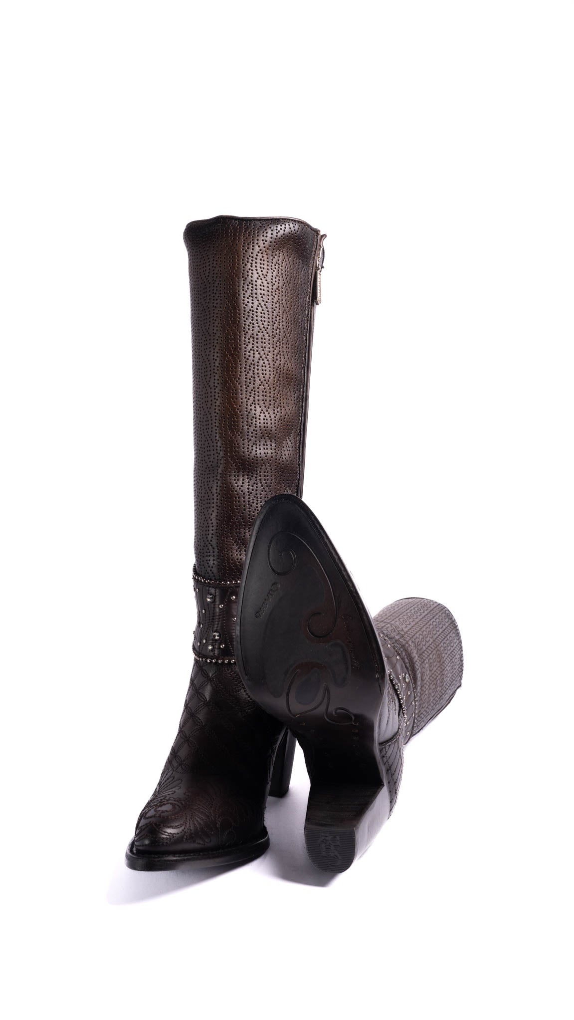 Women's Cuadra CU584 LD Black/Brown Embroidered Studded Round Toe Boots - Perfect for Western Fashion, Cowgirl Outfits & Country Events
