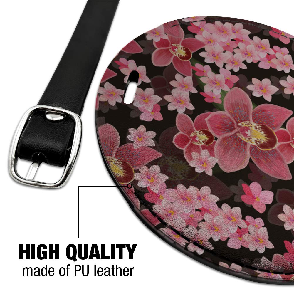 Stylish Round Leather Luggage Tag for Suitcases & Carry-Ons - Personalized ID Tag with Beautiful Orchid Design | Perfect for Travel, Business Trips & Gift Giving