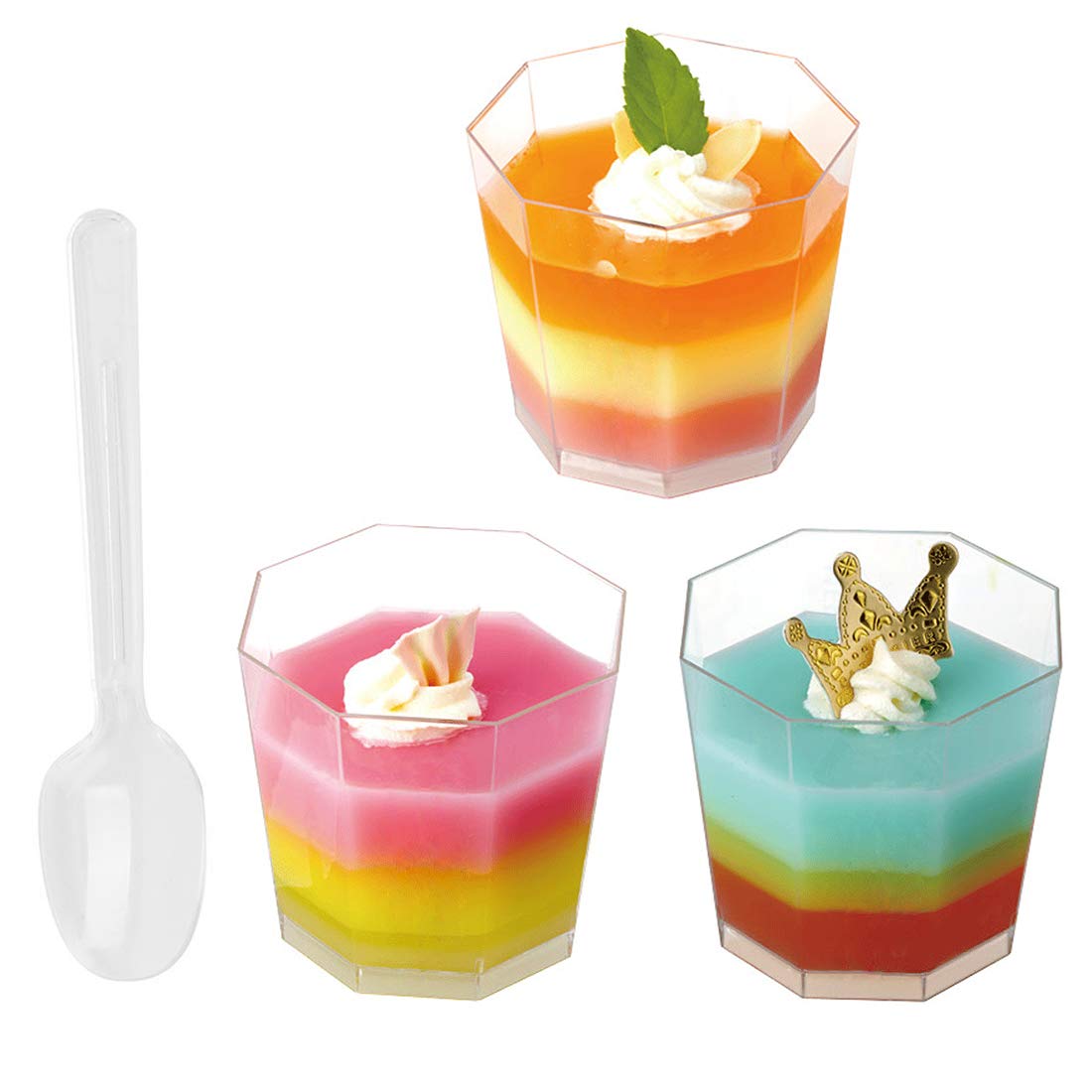 Foraineam 100 Pack 5.4 oz Clear Plastic Dessert Cups with 100 Spoons - Disposable Appetizer Serving Bowls for Parties, Weddings, Catering, Picnics & Events - Perfect for Ice Cream, Pudding, Fruit Salads & Snacks