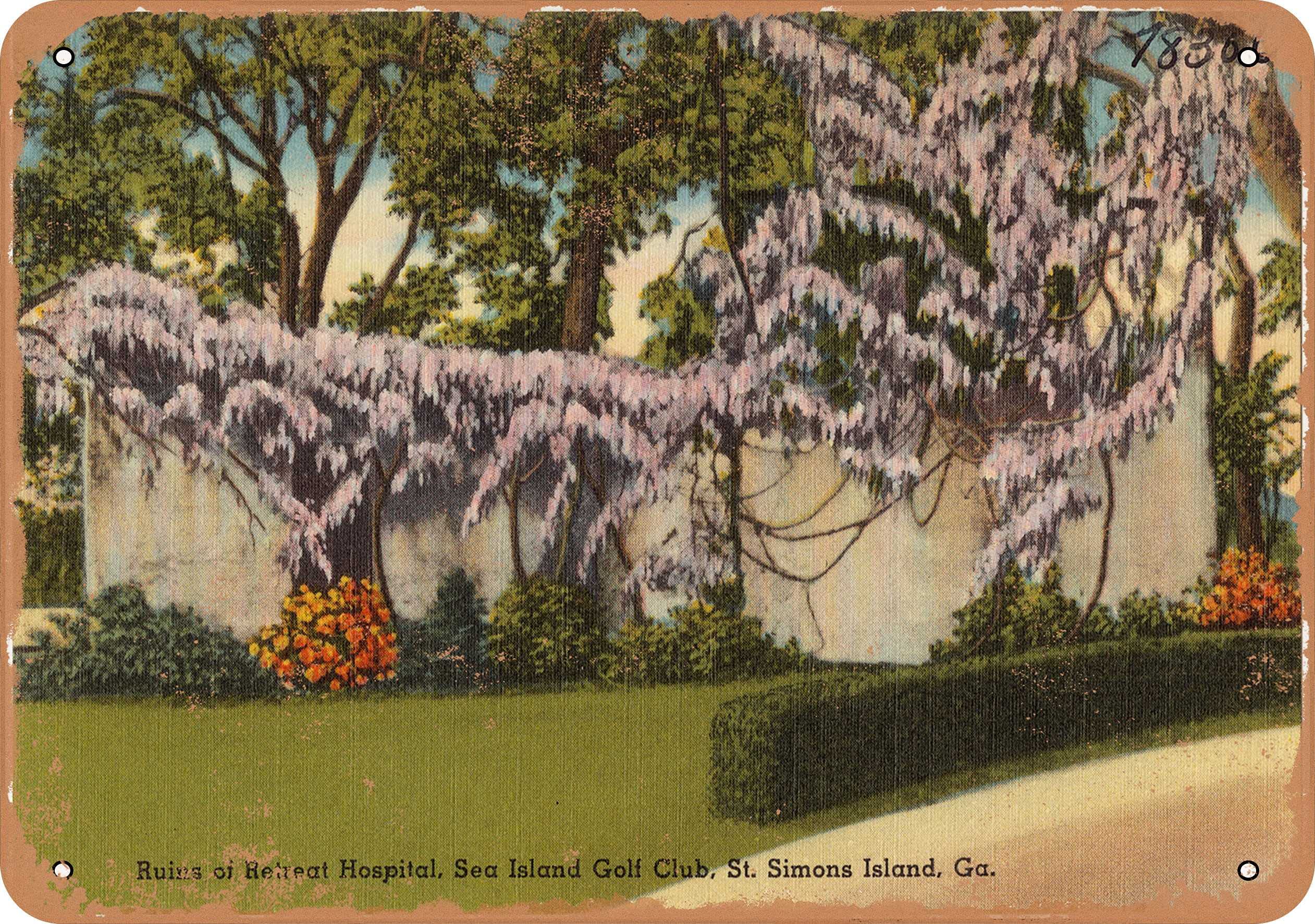 10 x 14 Inch Vintage Rusty Metal Wall Sign - Georgia Postcard Art Featuring Historic Ruins of Retreat Hospital & Sea Island Golf Club, St. Simons Island - Perfect for Home Bar, Man Cave, or Office Decor
