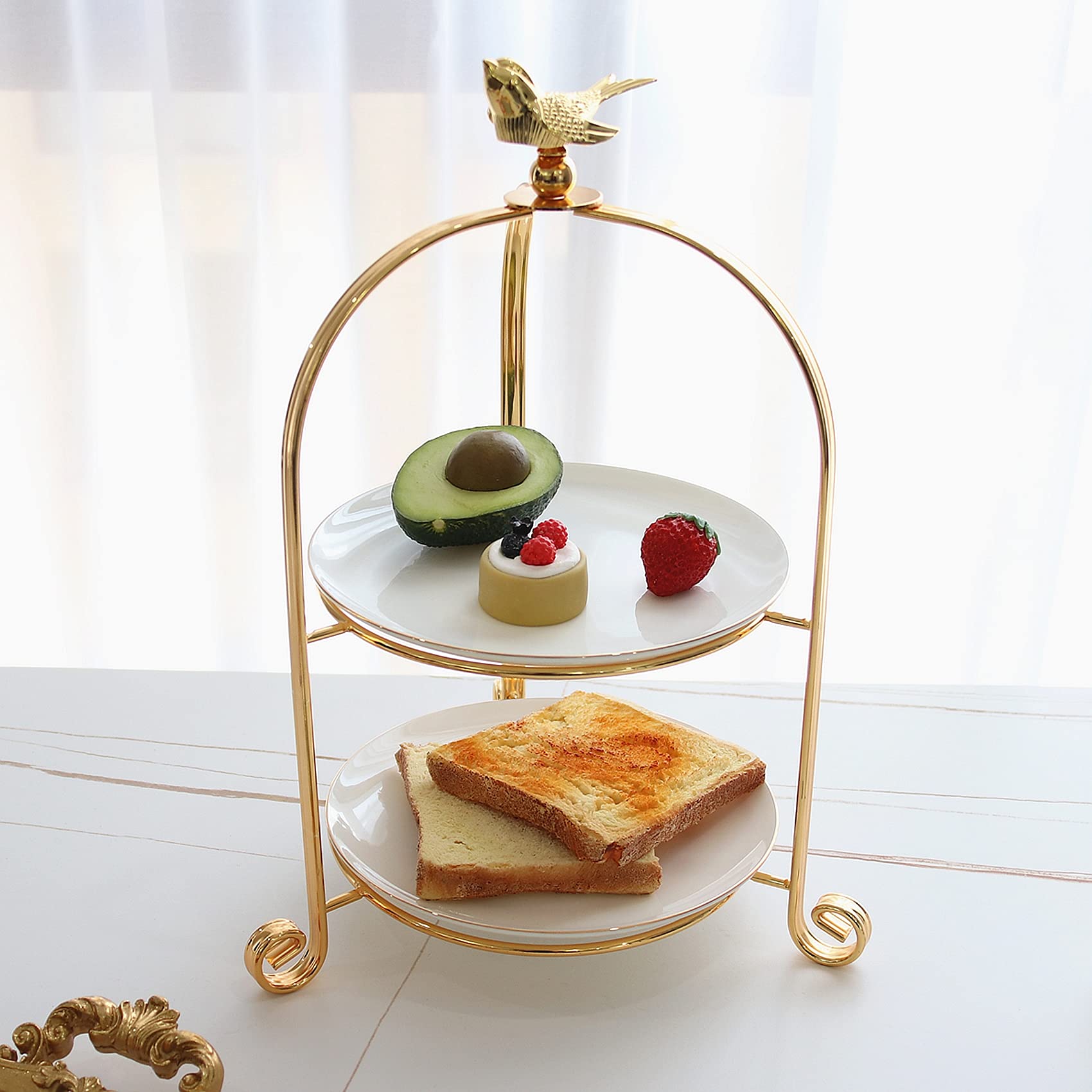2 Tiered Cake Stand - Elegant Metal Dessert Display Stand for Tea Party, Wedding, or Afternoon Tea - Includes 2 White Bone China Plates with Gold Edges (Gold, 2 Tier) - Perfect for Birthday Parties, Bridal Showers & Special Events
