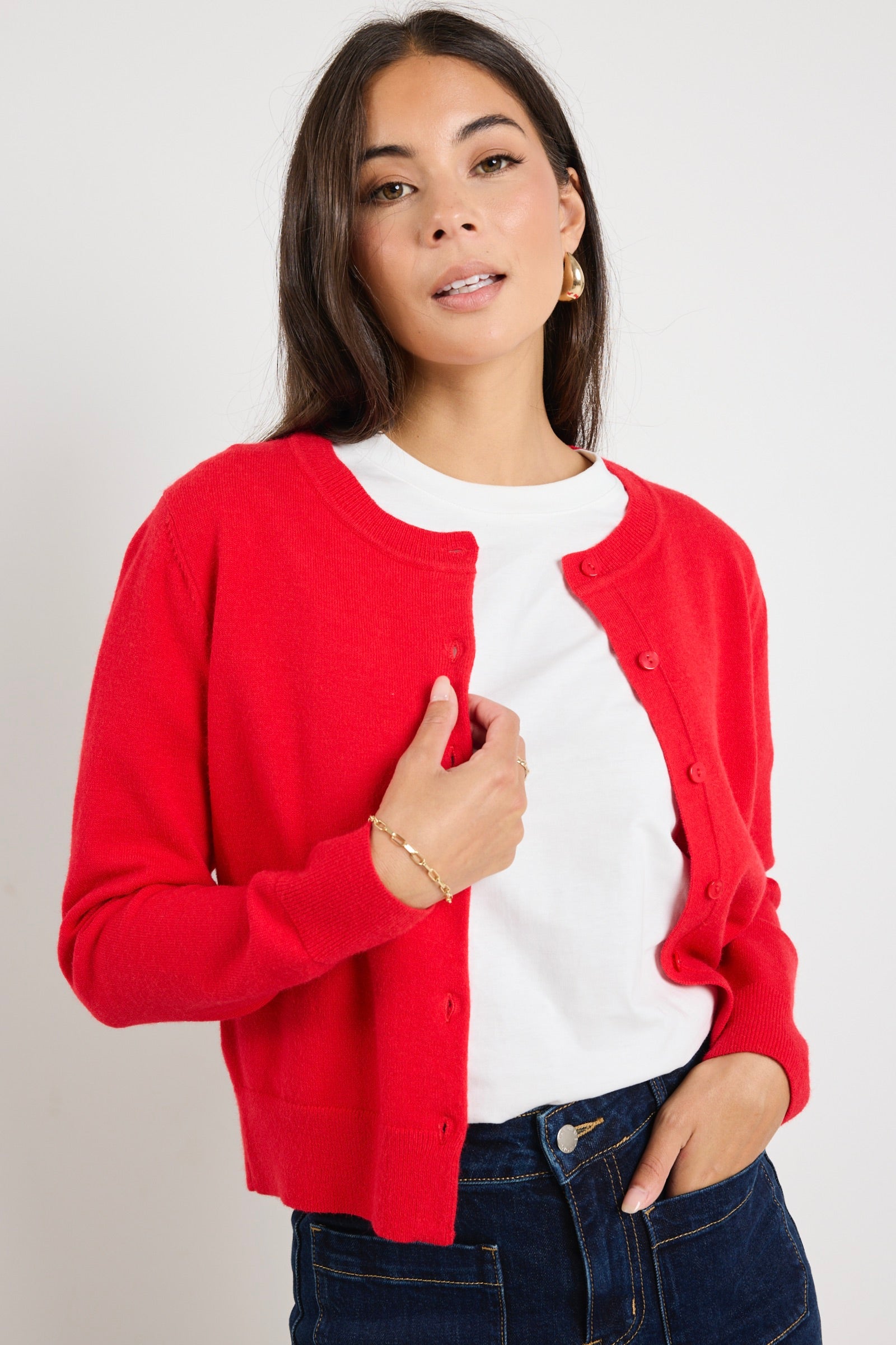 Premium Red Cashmere Blend Crewneck Cardigan for Women - Soft & Warm Knit Sweater - Perfect for Fall & Winter Outfits, Office Wear & Casual Chic