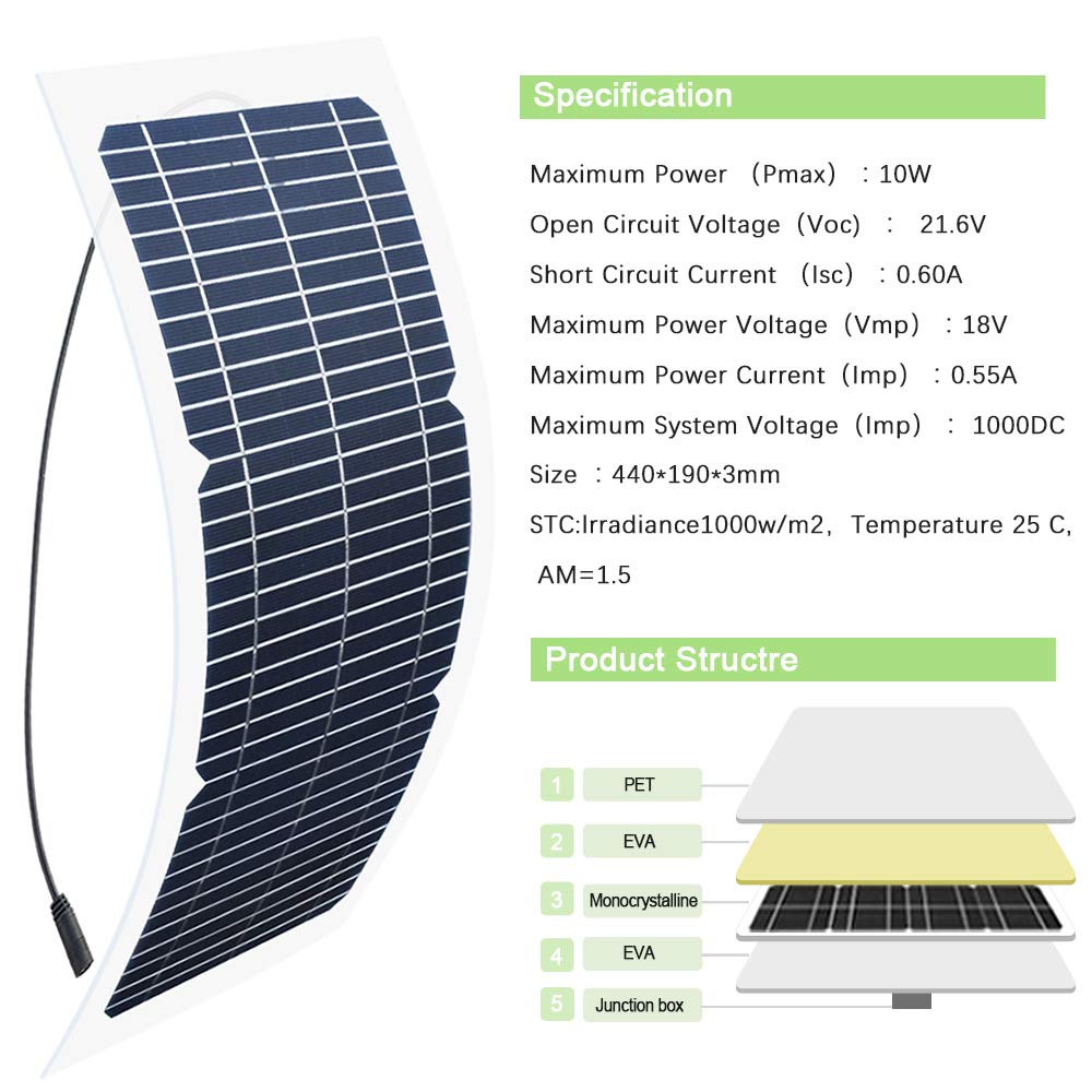 10W 18V Solar Panel Trickle Charger & Battery Maintainer - Portable Power Backup Kit with Battery Cable, USB, DC Output for Car, Boat, Motorcycle, RV, Mobile Phone - Ideal for Outdoor Camping, Emergency Power & Off-Grid Charging