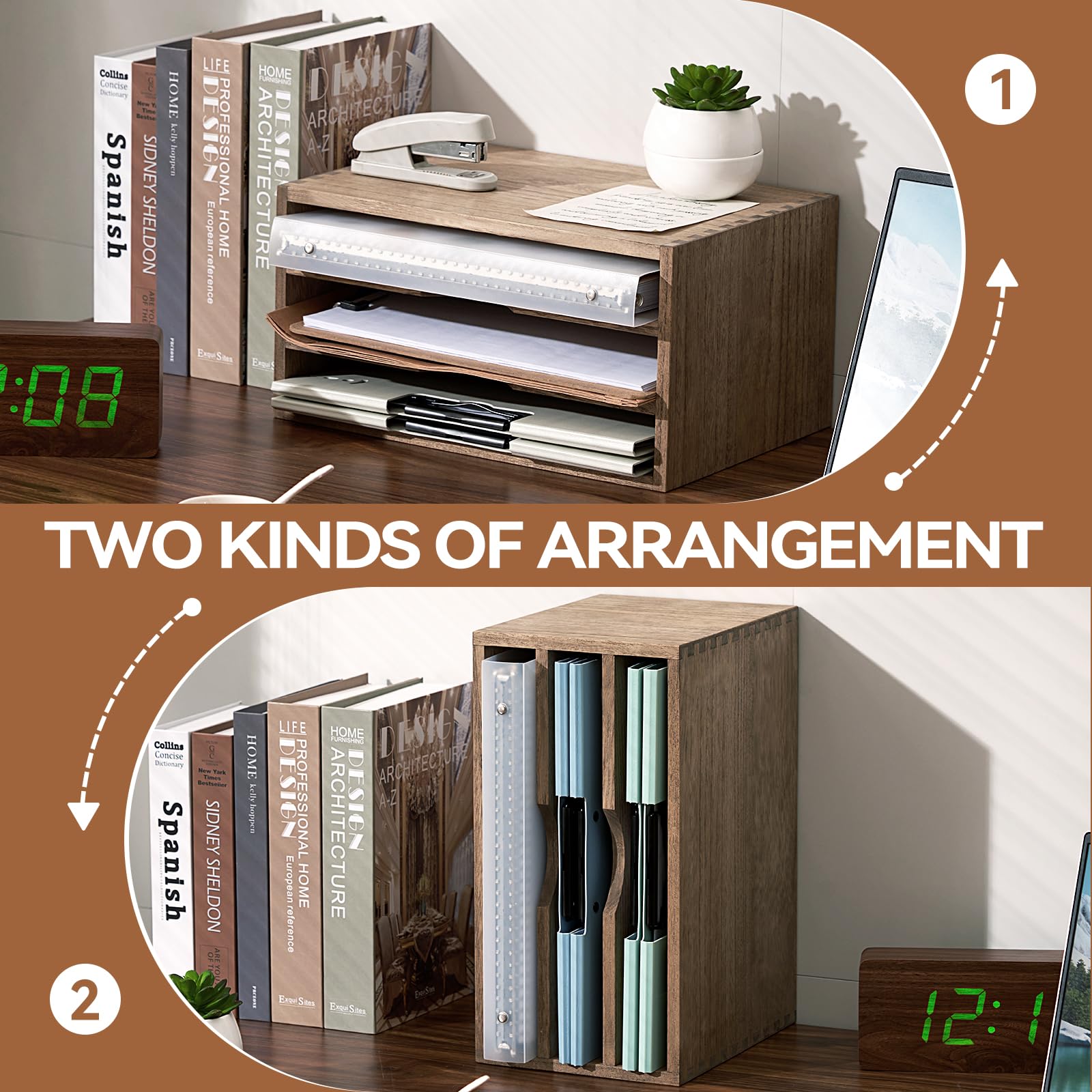 KIRIGEN 3-Tier Wooden Desktop Organizer - Paper Storage Letter Tray, File Sorter & Magazine Holder for Home Office Organization - Dark Brown Desk Accessory (Perfect for Bills, Mail, Documents & Office Supplies)