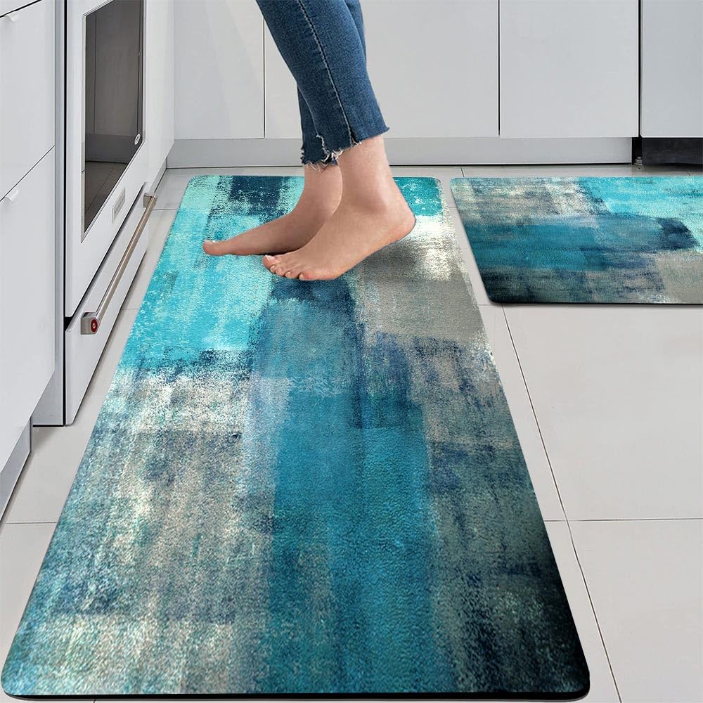 TOMWISH Turquoise Anti-Fatigue Kitchen Rug Set - 2PCS Non-Slip Waterproof PVC Floor Mats, Ergonomic Comfort Standing Mat for Kitchen, Sink, Laundry, and Bathroom Use