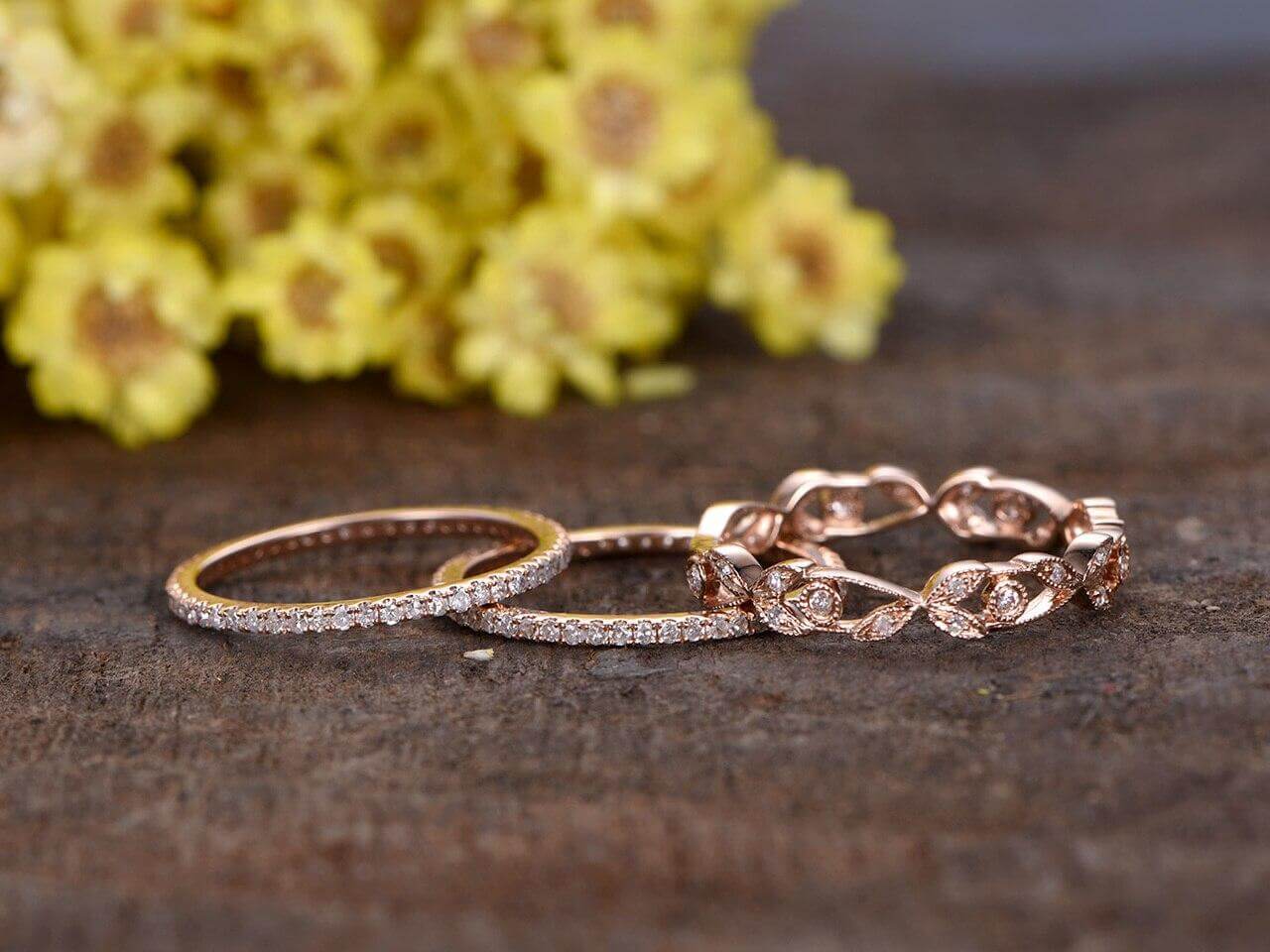 1.50 Carat 3-Piece Wedding Ring Set - Vintage Floral Stackable Bridal Band with 18K Gold Plating - Perfect for Engagement, Anniversary & Everyday Wear