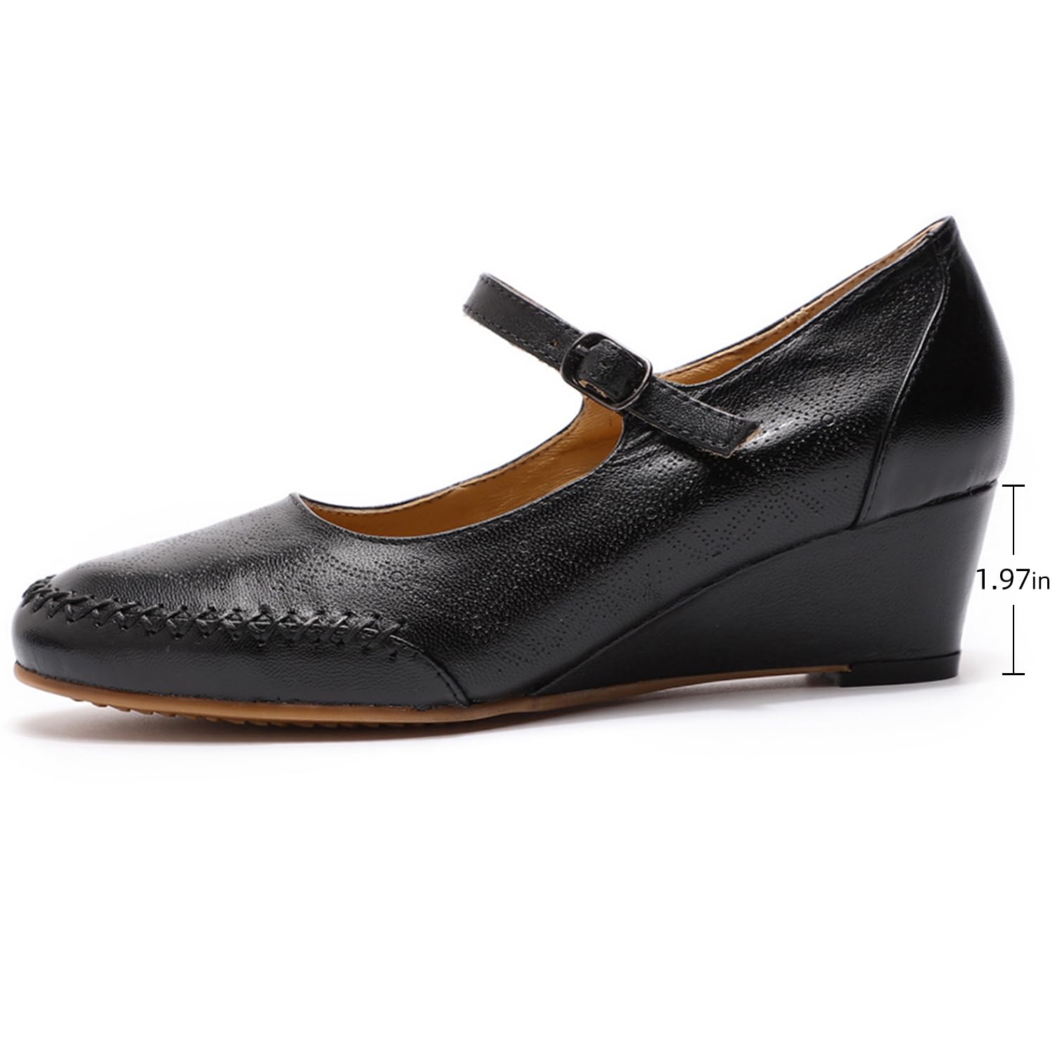 Women's Leather Mary Jane Wedge Pumps - Closed Toe Round Toe Mid Heel Dress Shoes for Ladies | Comfortable & Stylish for Work, Parties & Formal Events