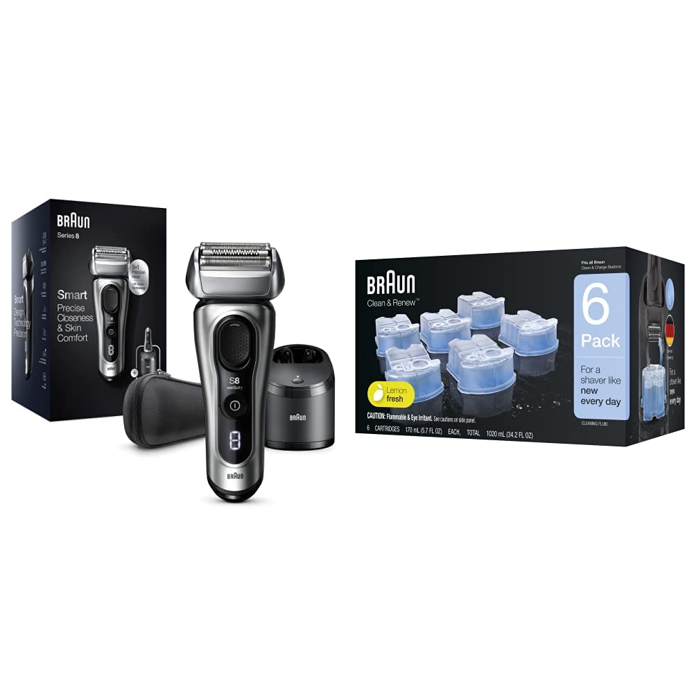 Braun Series 8 8457cc Men's Electric Foil Shaver with Beard Trimmer, SmartCare Cleaning & Charging Station, 6 Refill Cartridges - Wet & Dry Use for Travel, Home & Office Grooming (Galvano Silver)