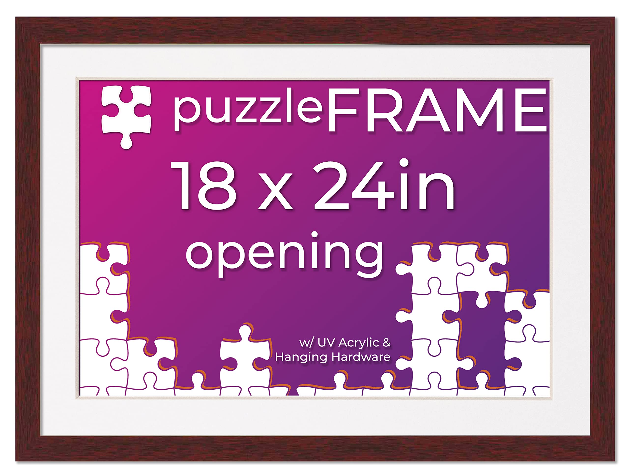 Premium 18x24 Jigsaw Puzzle Frame Kit - Includes Puzzle Glue Sheets, Brown Wood Frame with White Mat, UV Protective Acrylic & Hanging Hardware - Perfect for Displaying Finished Puzzles in Living Rooms, Bedrooms or Offices