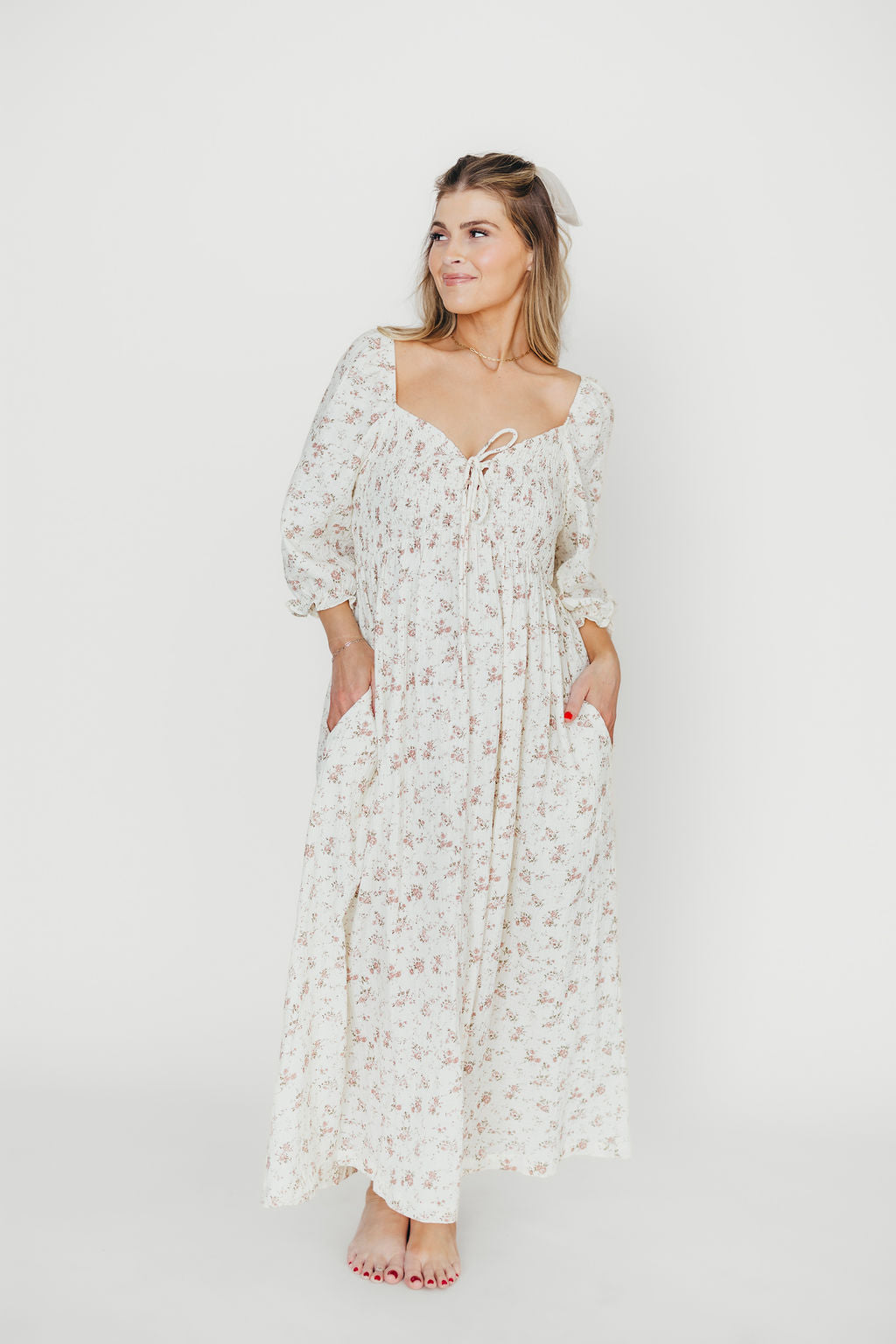 100% Cotton Smocked Maxi Dress for Women - Ivory/Mauve Floral Print | Bump Friendly Maternity Dress | Perfect for Summer, Beach Vacations & Special Occasions