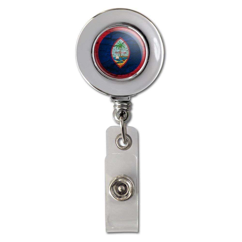 Vintage Rustic Distressed Guam Flag Retractable ID Badge Reel - Chrome Plated Metal Card Holder Clip for Nurses, Teachers, Security & Office Professionals