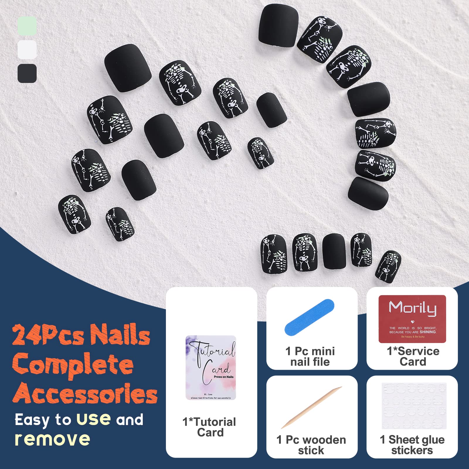 Morily 24Pcs Black Short Square Matte Press on Nails with White Skeleton Design - Acrylic Stick on Artificial Fingernails Tips for Women (12 Sizes) - Perfect for Halloween, Parties & Everyday Wear