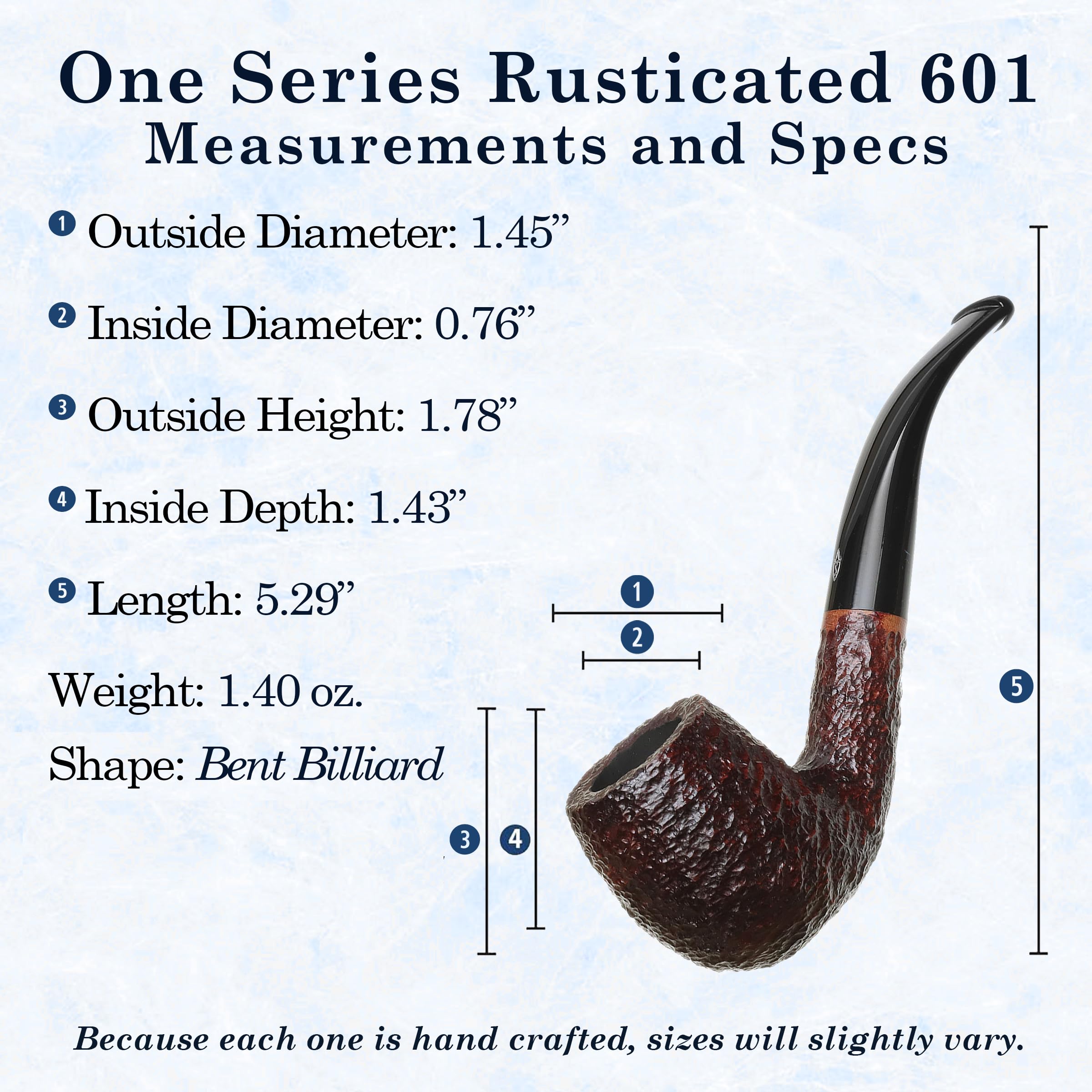 Savinelli One Kit - Handmade Italian Briar Wood Pipe with Blue Zipper Pouch, Pipe Cleaners & Czech Tool | 6mm Bent Billiard Rusticated Finish (601) | Perfect for Relaxing, Gifts & Tobacco Enthusiasts