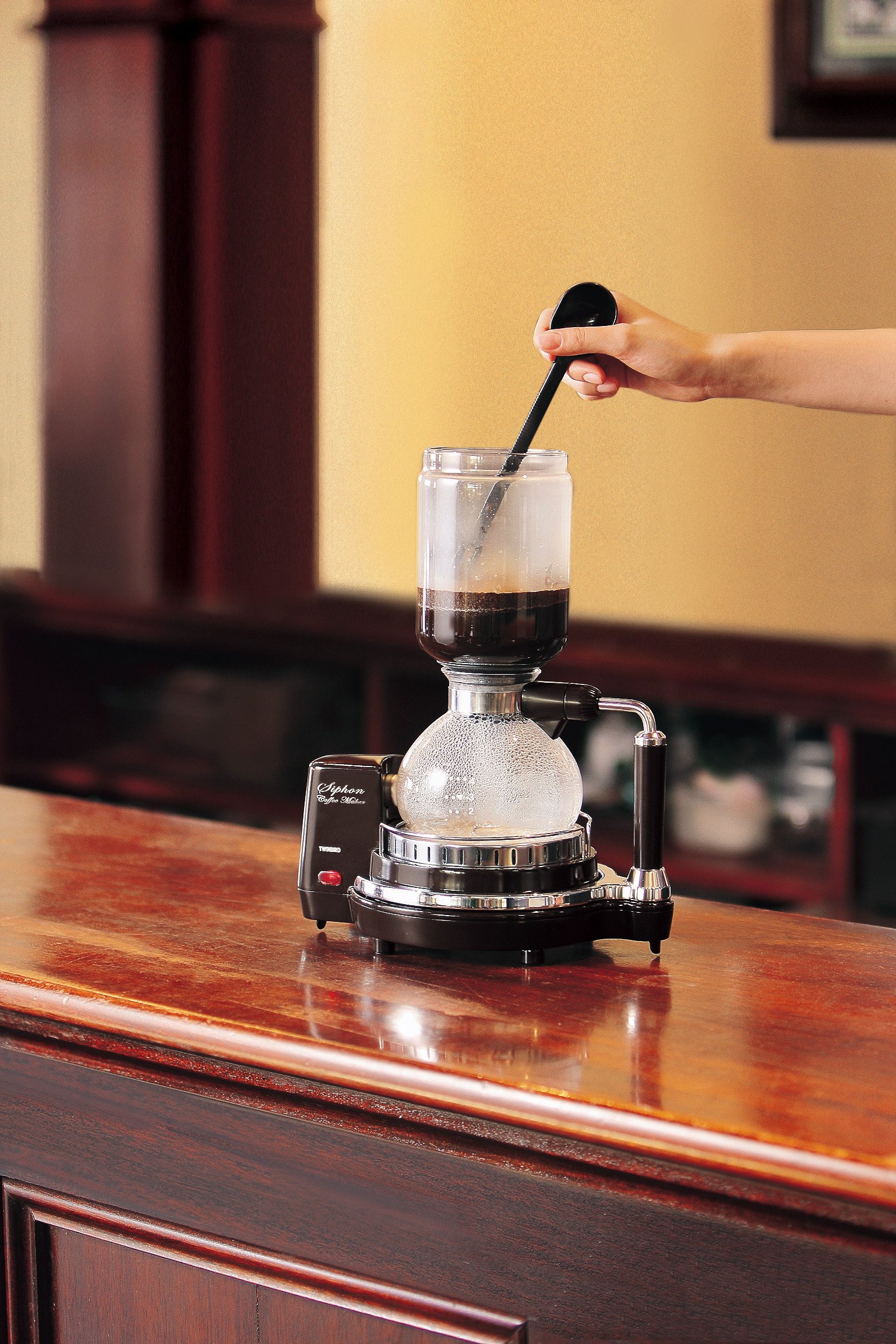 Twinbird CM-D853BR Siphon Coffee Maker - Dark Brown | Vintage Style Stovetop Brewer for Home, Office & Cafe | Perfect for Pour Over & Specialty Coffee Lovers