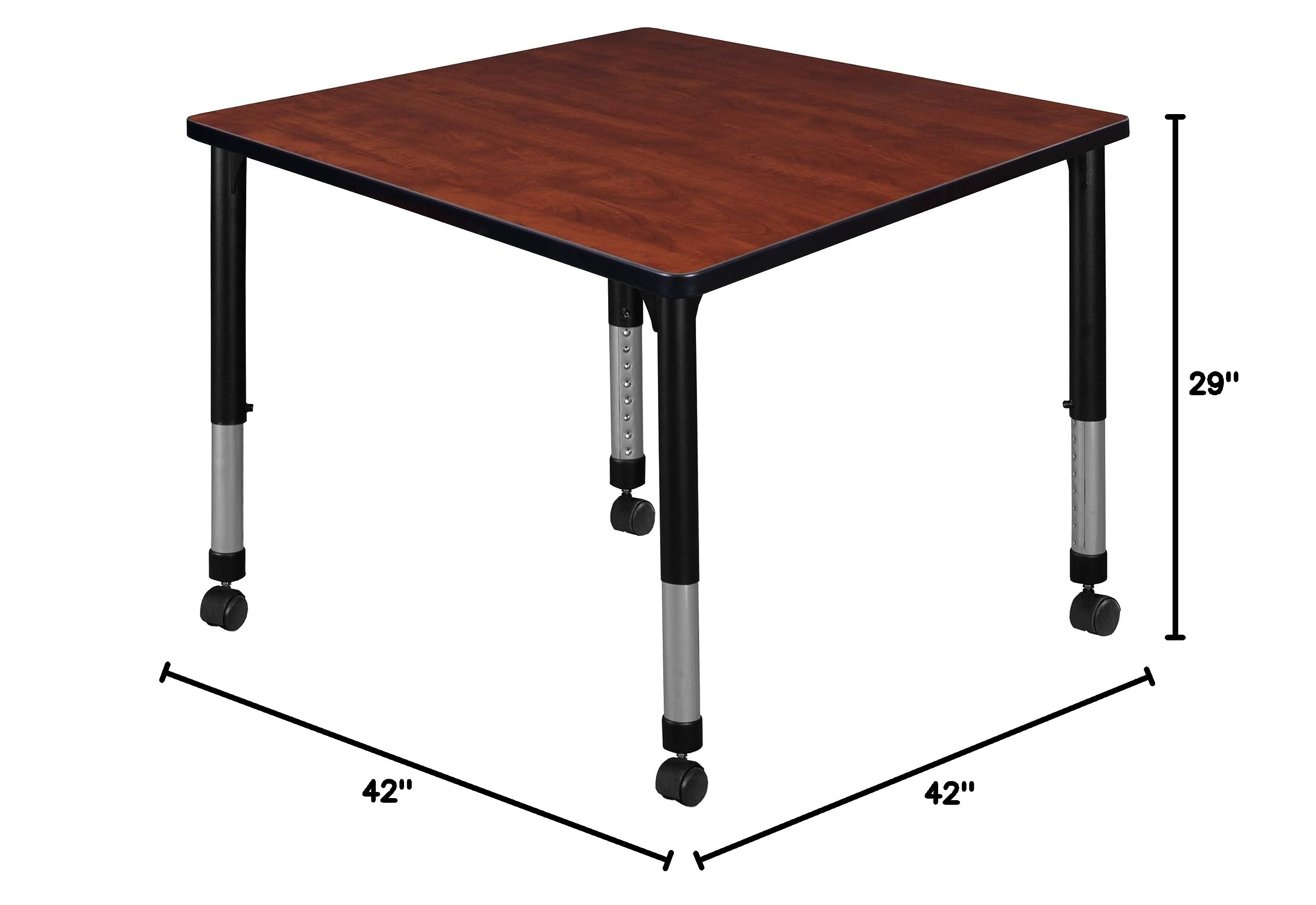 Regency Kee Height Adjustable Mobile Square Classroom Table 42 Inch - Cherry Wood School Desk with Wheels for Flexible Learning Spaces, Study Rooms & Home Offices
