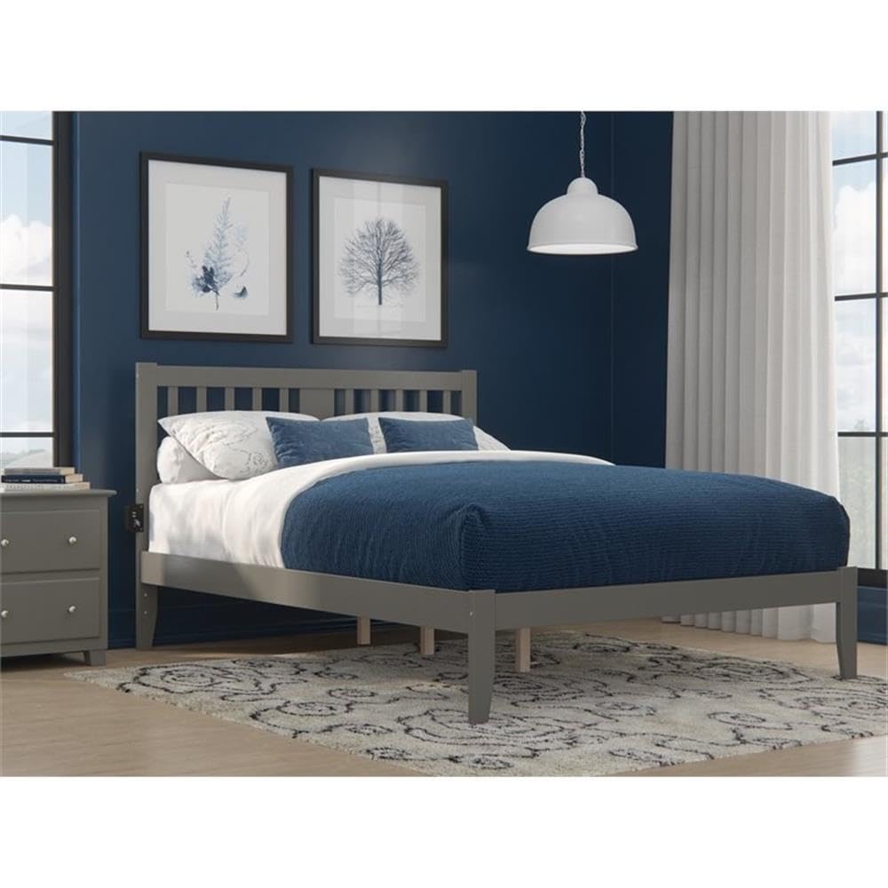 BOWERY HILL Gray Wooden Queen Size Spindle Bed Frame with USB Turbo Charger | Transitional Style Bedroom Furniture for Master Bedroom & Guest Room