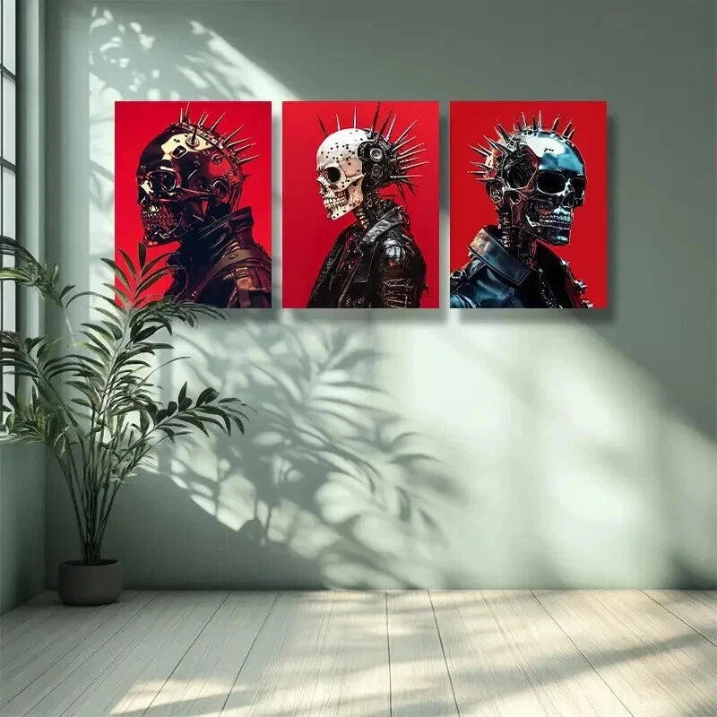 3-Piece Skeleton Punk Wall Art Set - Red Background Framed Canvas Prints 50x70cm (20x28in) | High Quality Australian Made Ready-to-Hang Decor | Perfect for Gothic Home, Punk Bedroom or Alternative Office Decor