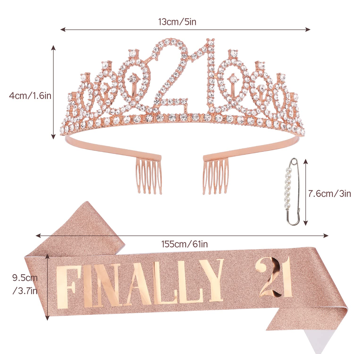 Rose Gold 21st Birthday Sash & Crown Set for Women - Elegant Tiaras & Sash for 21st Birthday Party Decorations - Perfect for Birthday Queen Celebrations, Bachelorette Parties & Special Occasions