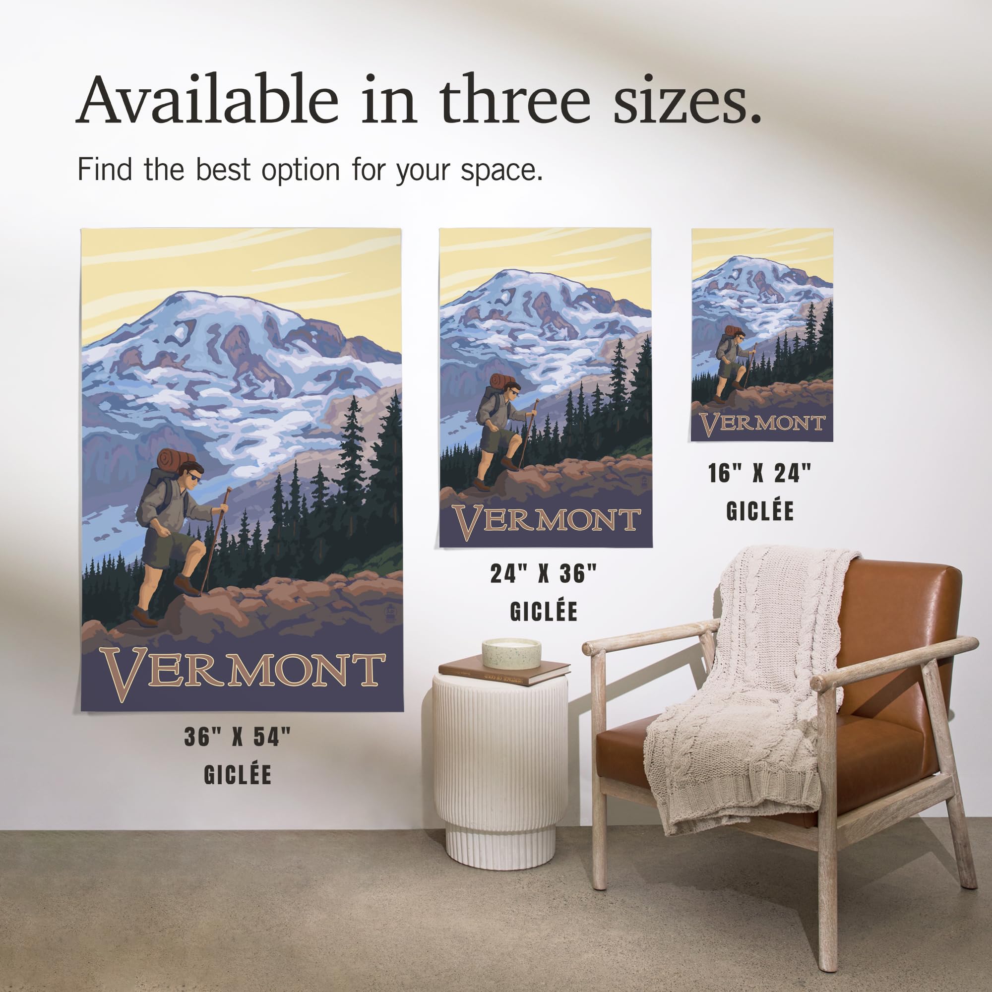 Lantern Press 16x24 Inch Giclee Art Print - Vermont Mountain Hiker Landscape Wall Art - Perfect for Home Decor, Office & Cabin Wall Decor