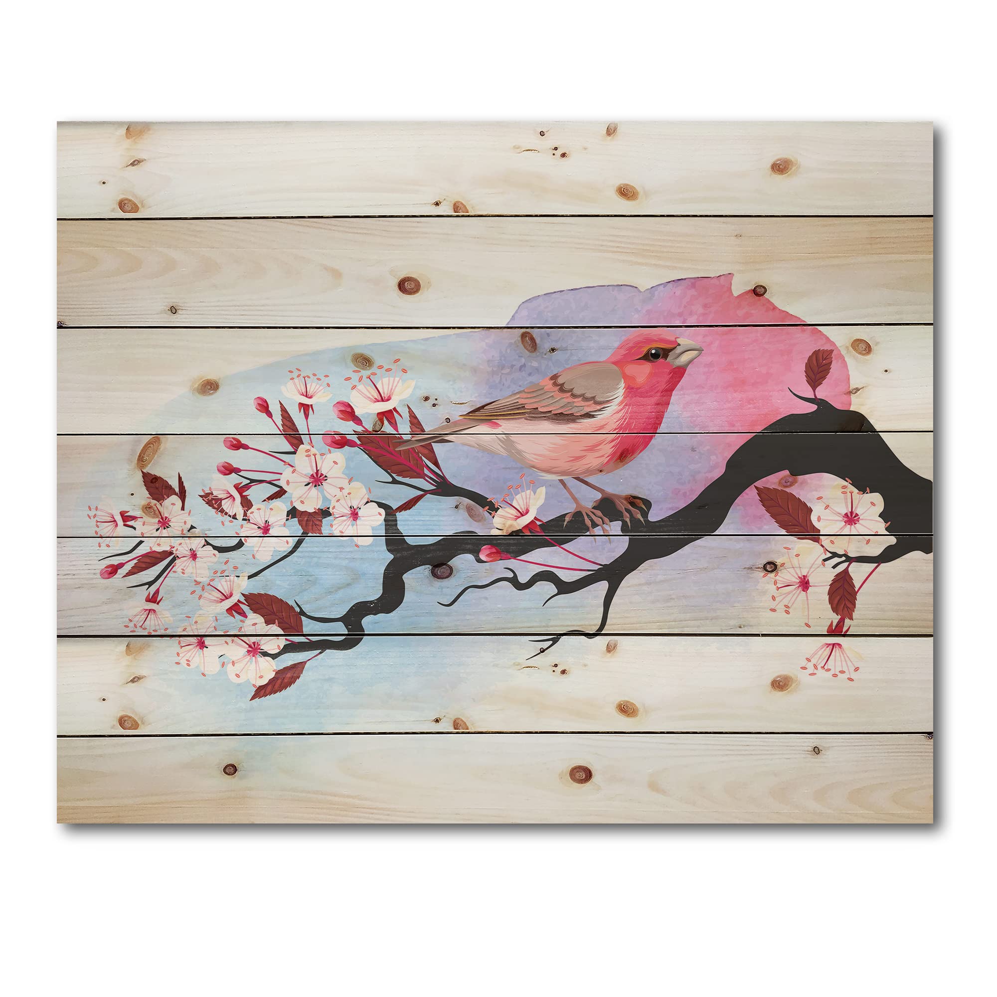DesignQ Pink Bird on Cherry Branch Traditional Wood Wall Decor - Handcrafted Pink Wood Wall Art, Large Animal Wood Panels Printed on Natural Pine - Perfect for Living Room, Bedroom & Office Decor