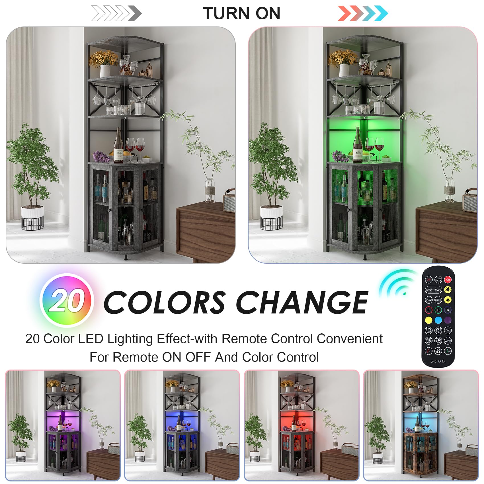 6-Tier Industrial Wine Bar Cabinet with LED Light, Power Outlet & Adjustable Shelves - Corner Liquor Storage with Glass Holder & Mesh Door - Perfect for Home Bars, Dining Rooms & Entertaining Guests