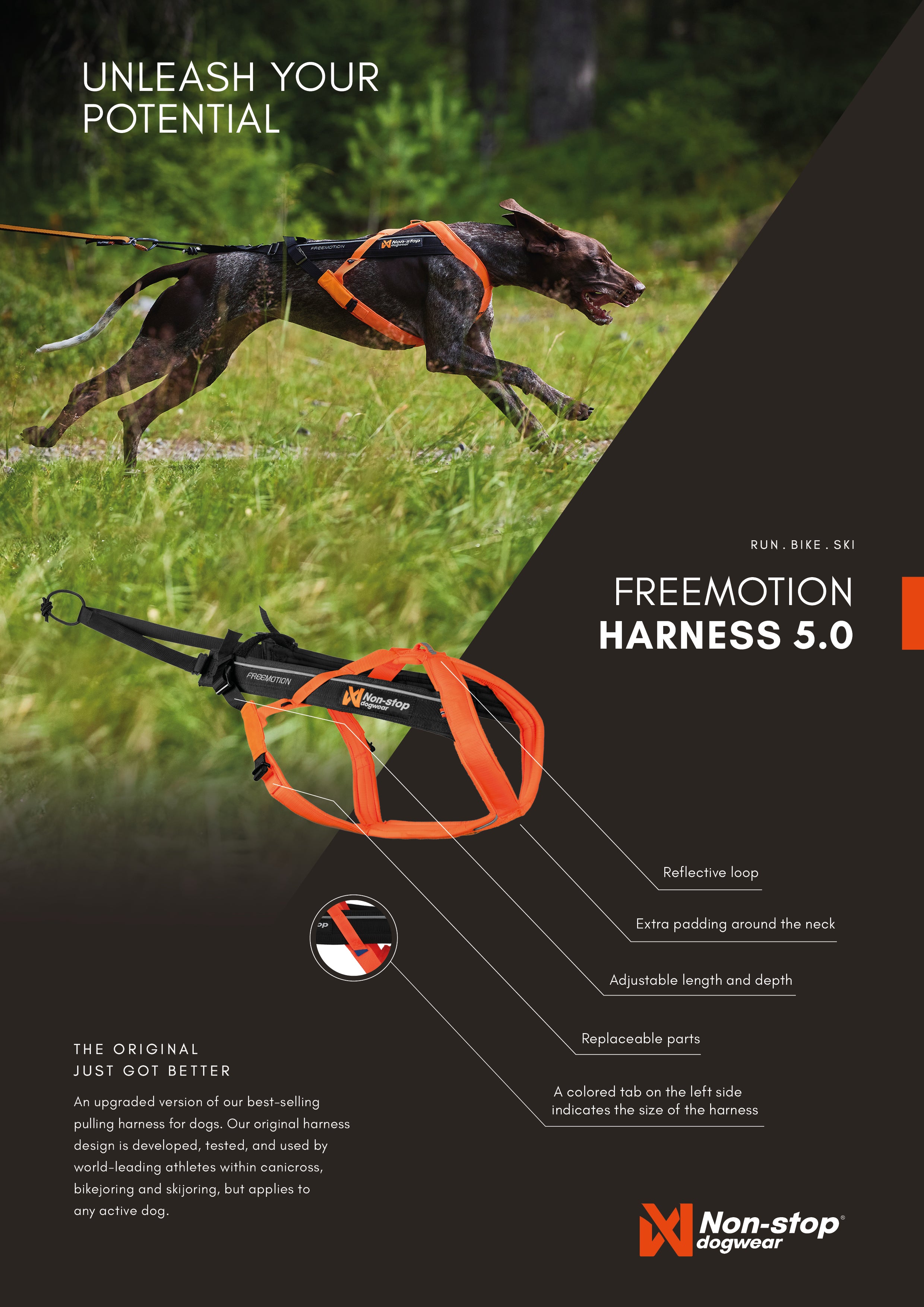 Non Stop Dog Wear Freemotion Harness 5.0 - Adjustable No-Pull Dog Harness for Medium & Large Dogs - Reflective & Padded for Comfort - Perfect for Walking, Running & Outdoor Adventures
