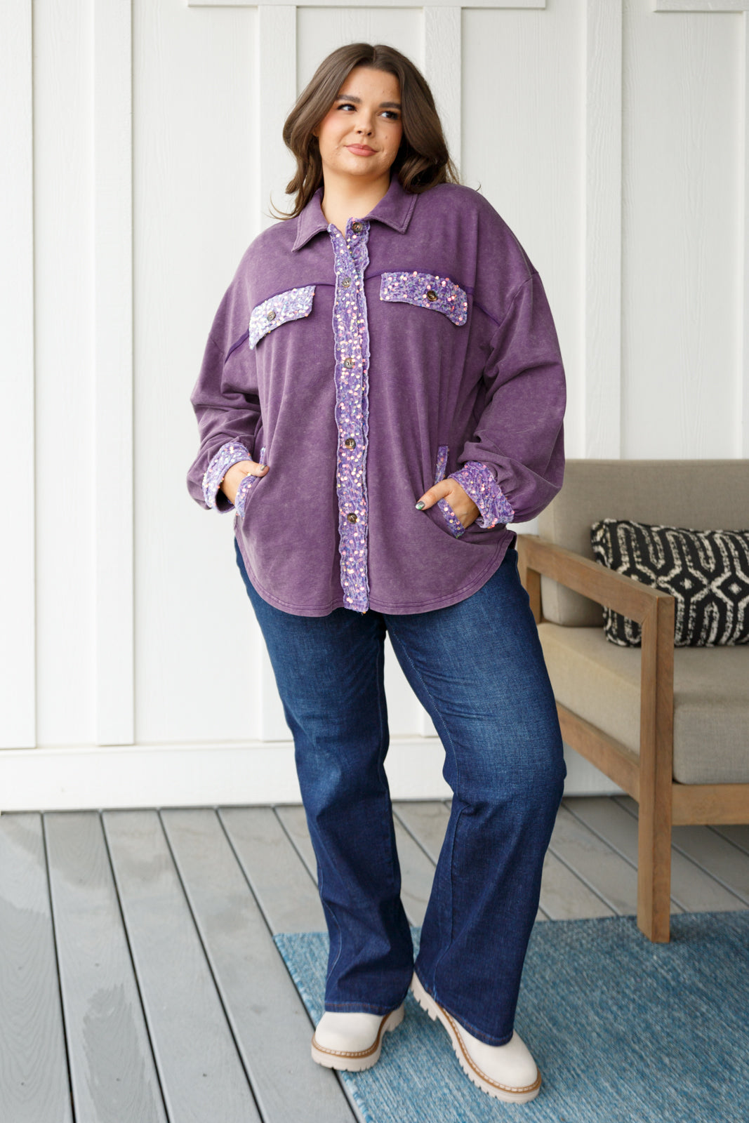 Purple Sequins Shacket for Women - Stylish Sparkly Jacket for Parties, Night Out & Special Occasions