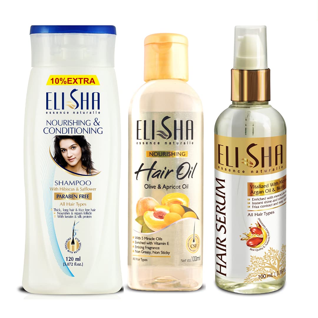 Elisha Complete Hair Care Combo Pack - Nourishing Shampoo, Olive & Apricot Hair Oil, Hair Serum (3 Piece Set) for Dry, Damaged Hair - Daily Hydration & Repair Treatment for Women & Men