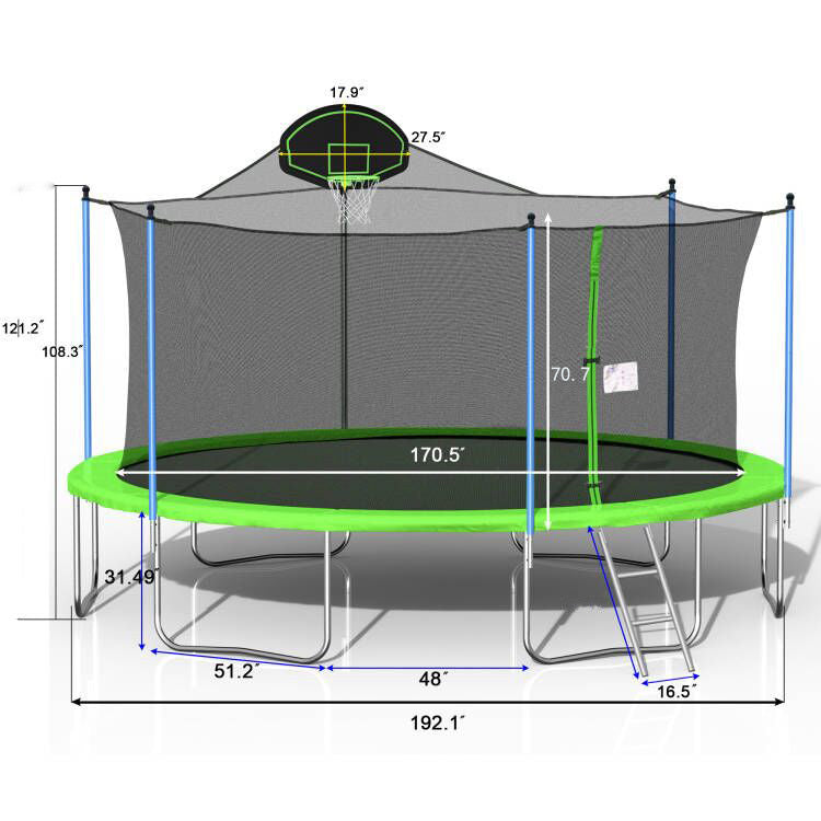 16FT Trampoline with Basketball Hoop - Outdoor Bounce Trampoline for Kids & Adults - Includes Safety Enclosure Net & Ladder - Perfect for Backyard Fun, Exercise & Family Outdoor Activities