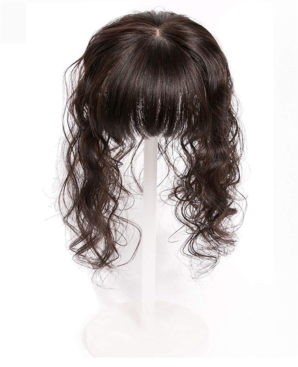 LXUE 4x4.7 Inch Silk Base Human Hair Topper with Bangs - Natural Curly Hairpiece for Women with Thin Hair - 8 Inch Dark Brown Hair Topper for Daily Wear & Special Occasions