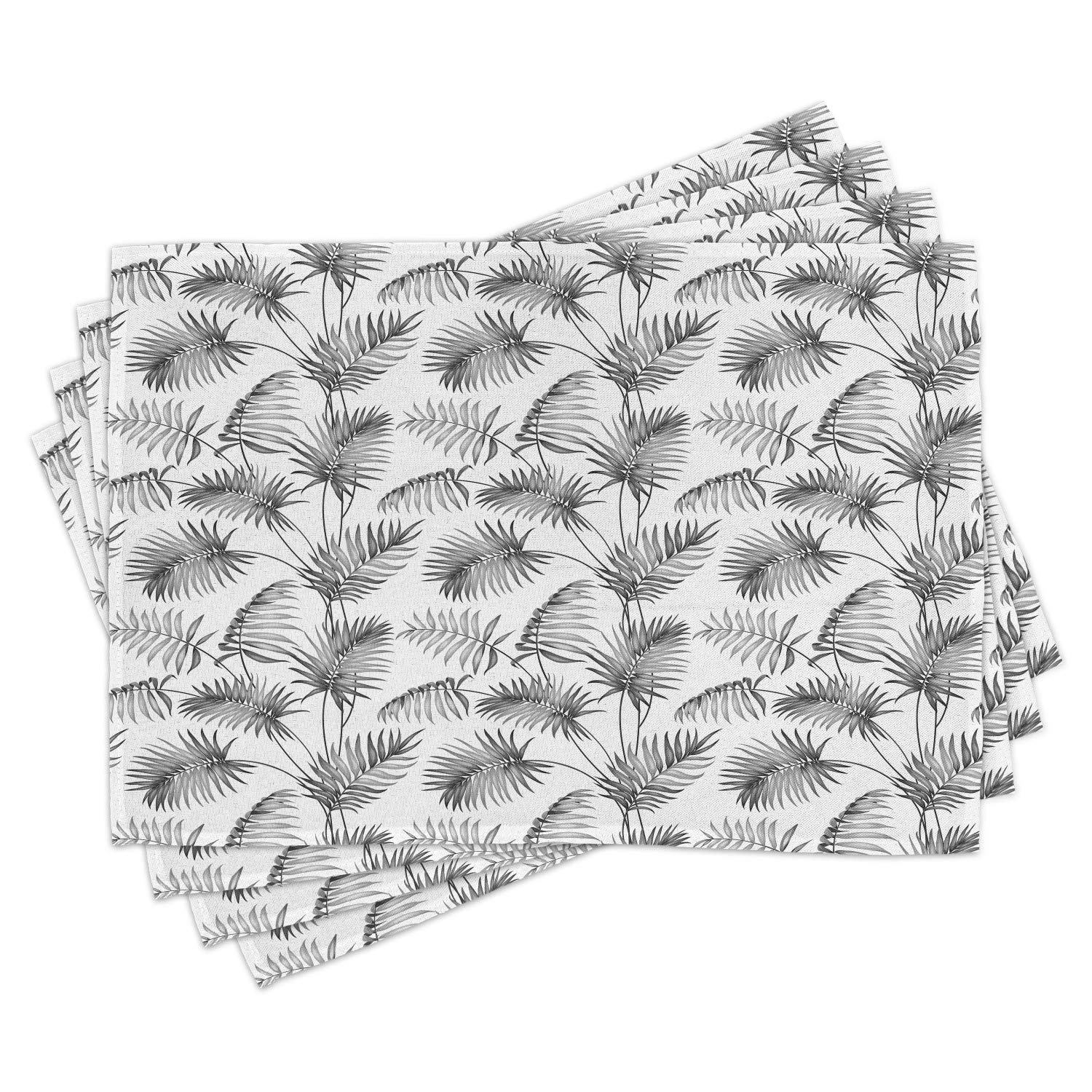 Ambesonne 4-Piece Natural Placemats Set - Tropical Palm Leaf Botanical Print Washable Fabric Place Mats for Dining Table, Kitchen Decor in Dimmable Grey & White | Perfect for Beach House, Summer Parties & Boho Home Decor