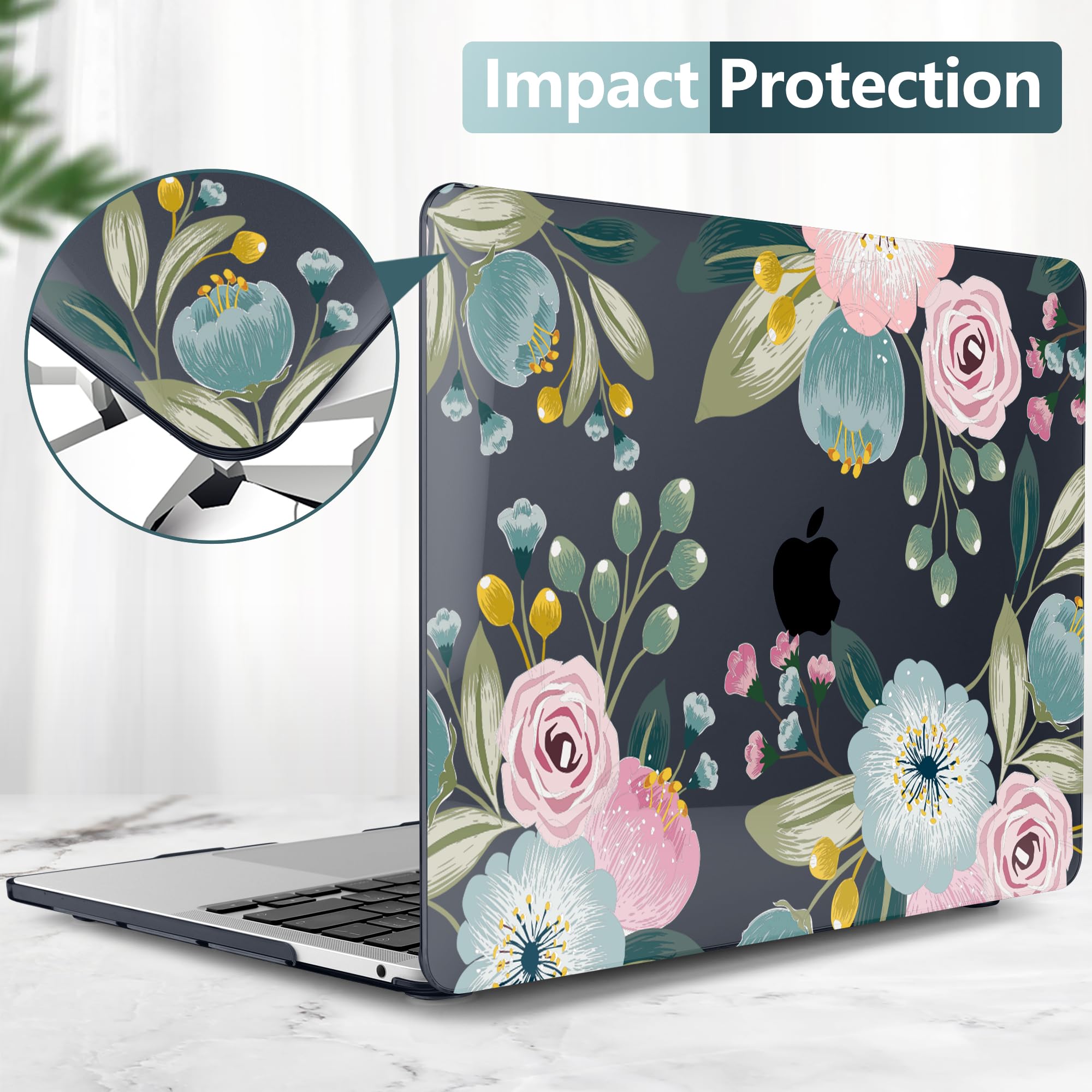 TwoL Hard Plastic Shell Case Cover for MacBook Pro 13 inch (2020-2022 Models A2338 M2/M1 A2289 A2251) with Keyboard Skin & Screen Protector | Floral Design Protective Case for Work, Travel & School Use