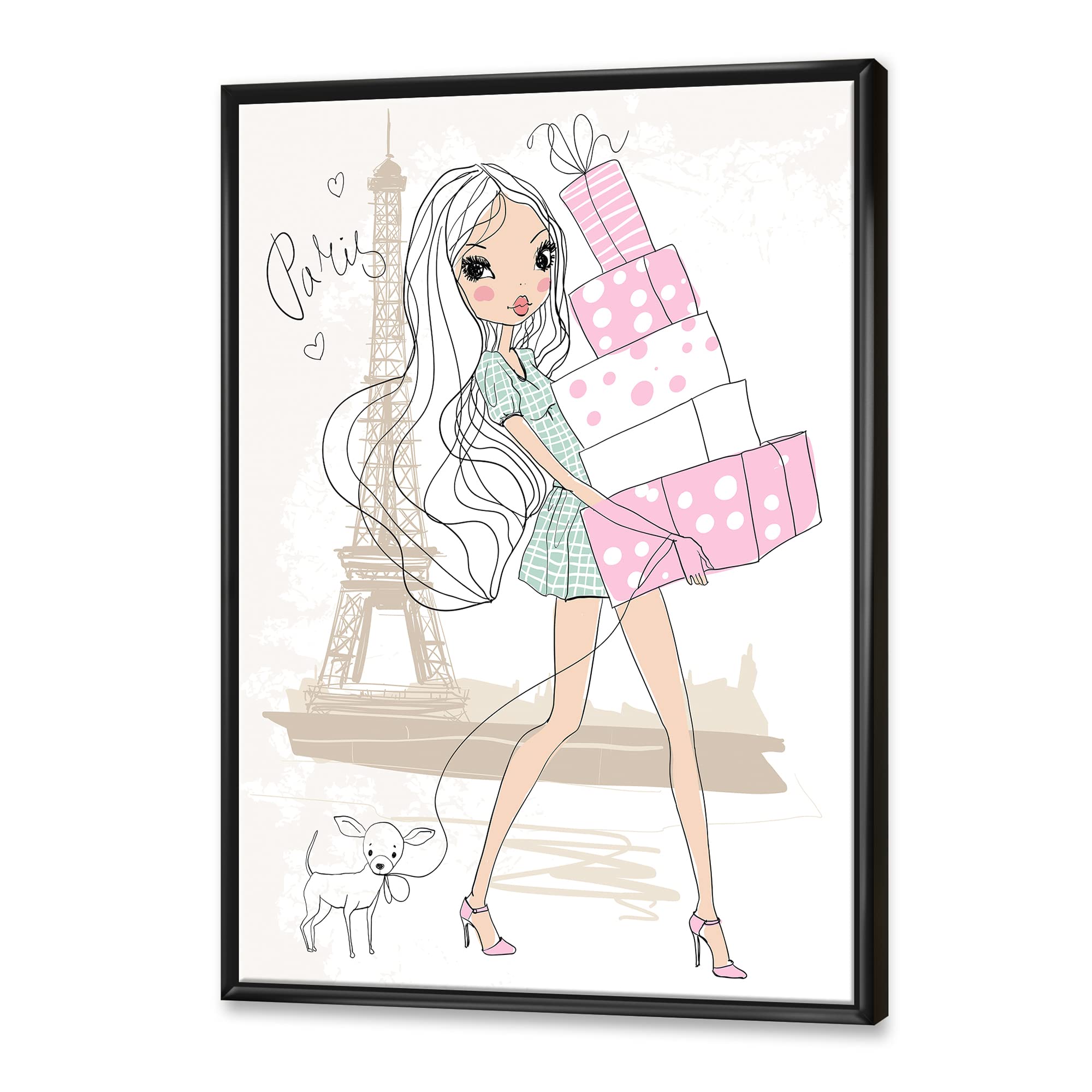 Shabby Chic Framed Canvas Wall Art Print - DesignQ Young Girl with Shopping Boxes in Paris - Perfect for Girls' Bedroom, Nursery, or Chic Home Decor