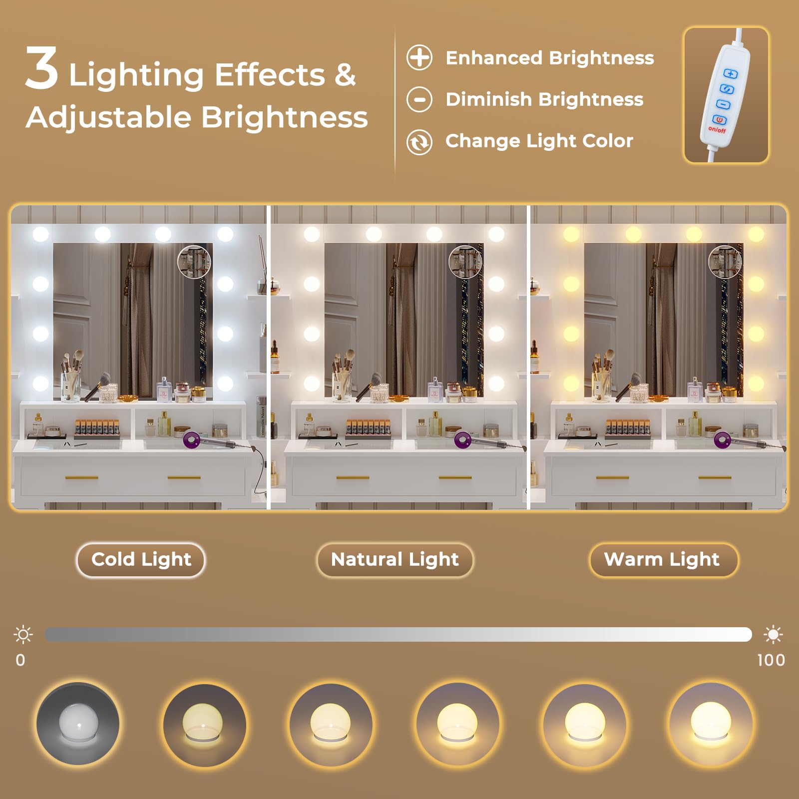 White Glass Top Vanity Desk with LED Lights & Charging Station - 10x Magnifying Mirror, 8 Drawers, Acrylic Organizers - Perfect Makeup Vanity for Bedroom, Dressing Room & Beauty Salon
