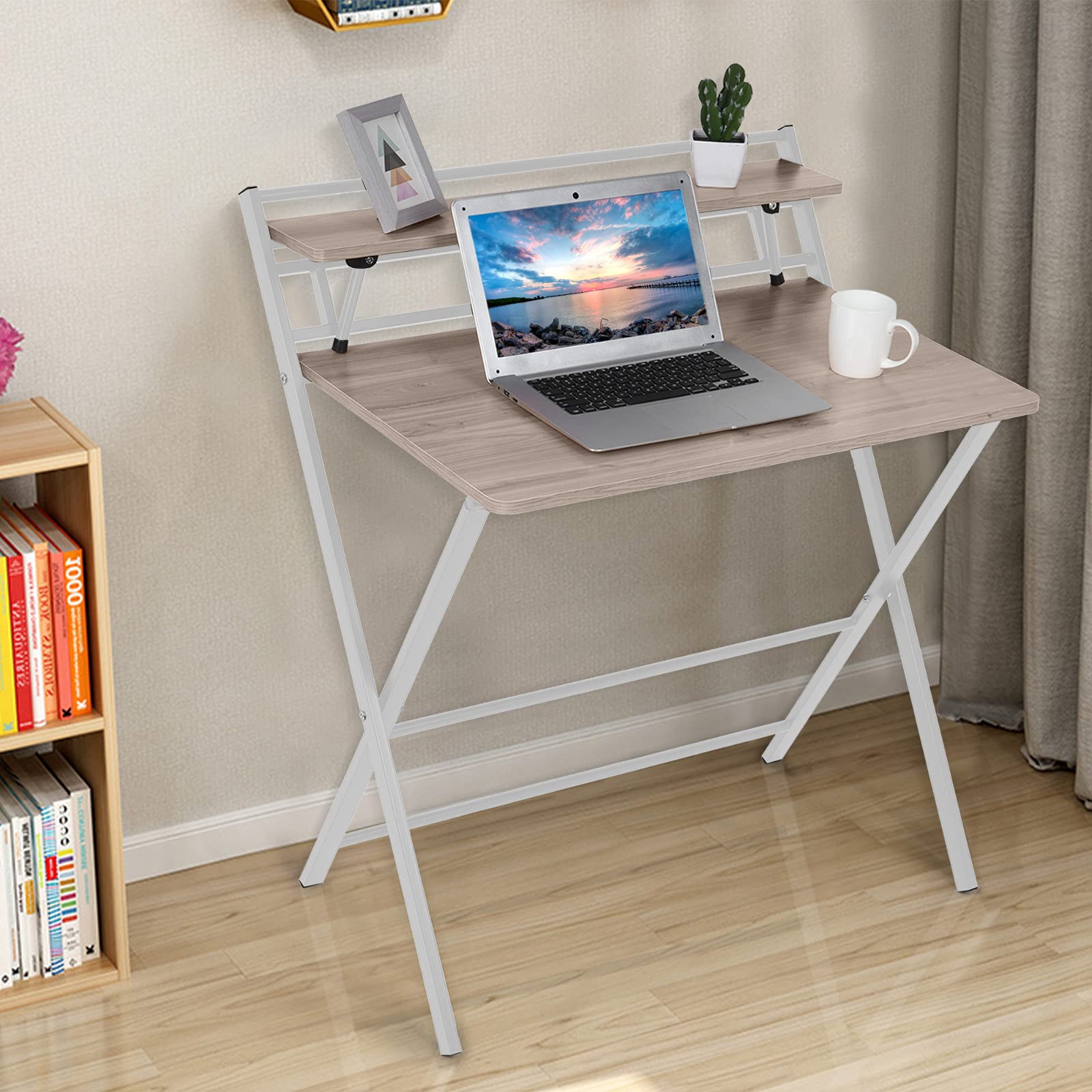 Foldable Computer Desk No Assembly Required - 2-Tier Small Desk with Storage Shelf, Space Saving Home Office Furniture for Small Spaces (Espresso & White) - Perfect for Dorm Rooms, Apartments & Home Offices