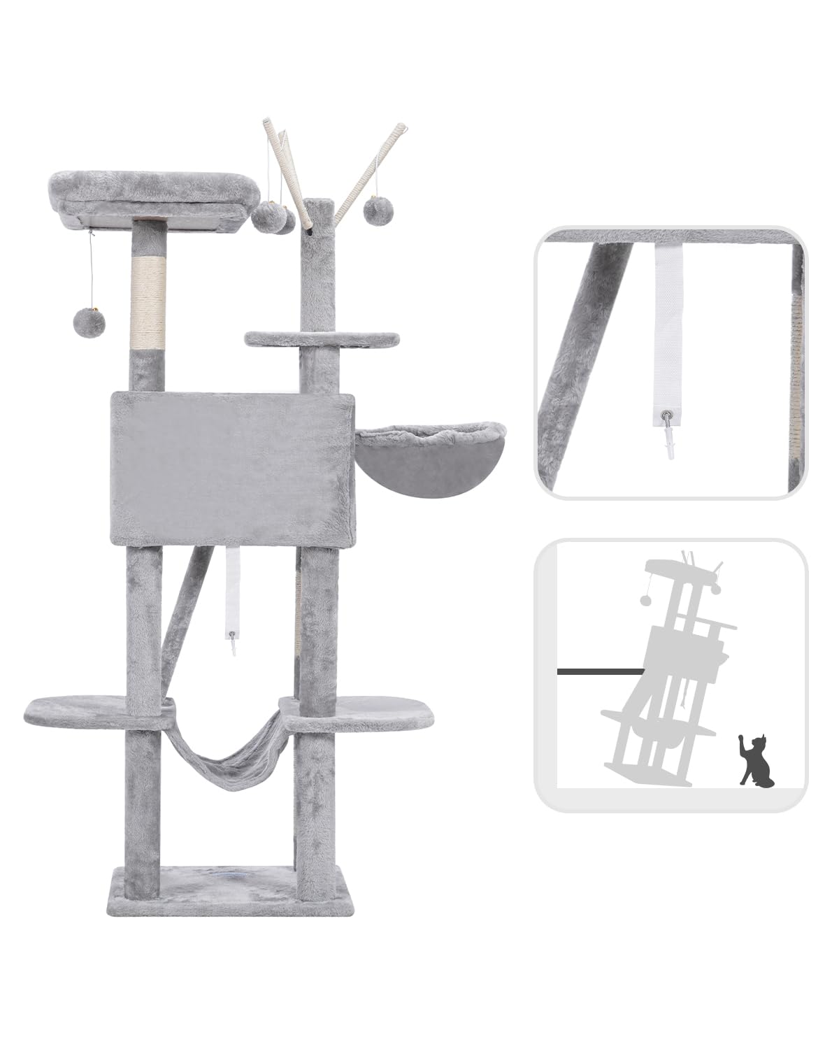 Hey-brother 53 Inch Cat Tree for Indoor Cats - Multi-Level Cat Tower with Cozy Condo, Padded Platform Bed, Hammocks, Sisal Scratching Posts & Toy Balls (Light Gray) - Perfect for Play, Rest & Climbing in Living Rooms & Bedrooms