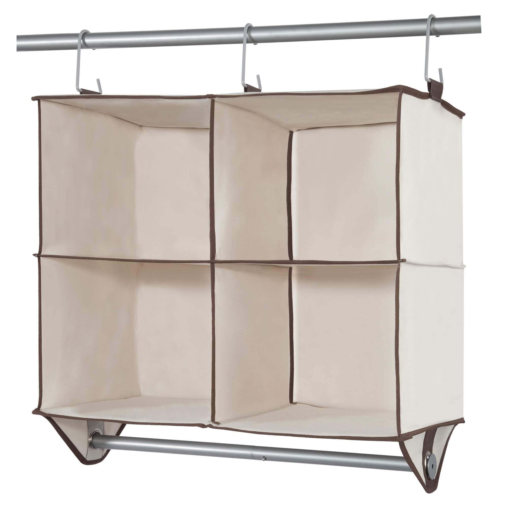 STORAGE MANIAC 4-Section Hanging Closet Organizer with Garment Rod - Durable Canvas Fabric Shelves with Hooks for Clothes Storage - Beige - Perfect for Bedroom, Closet & Wardrobe Organization
