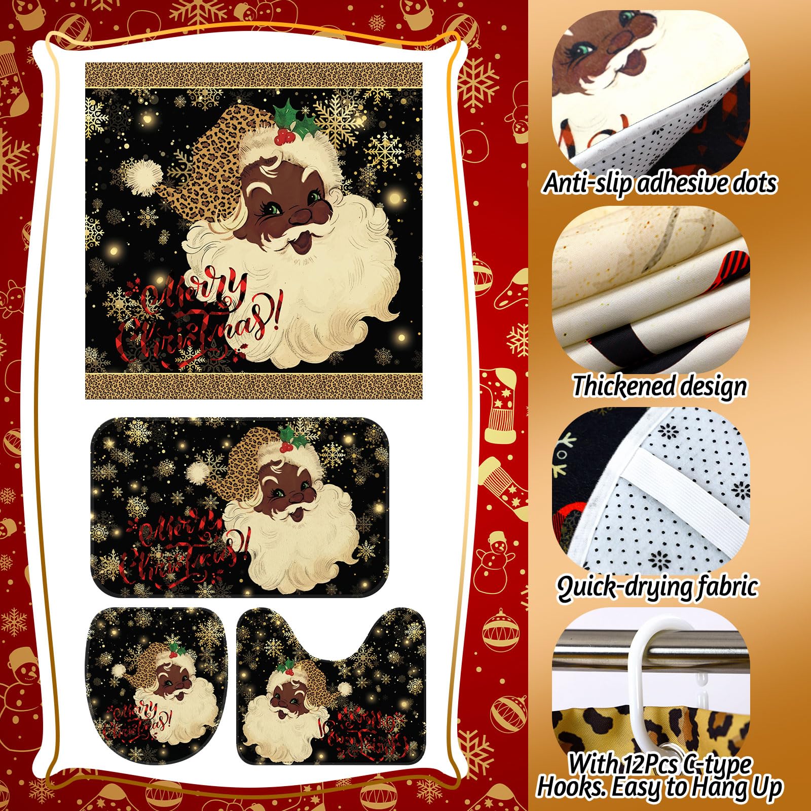 4-Piece Black Afro Santa Christmas Shower Curtain Set with Non-Slip Bath Mat, Toilet Cover & 12 Hooks - Festive Holiday Bathroom Decor for Xmas, Kwanzaa & Winter Celebrations