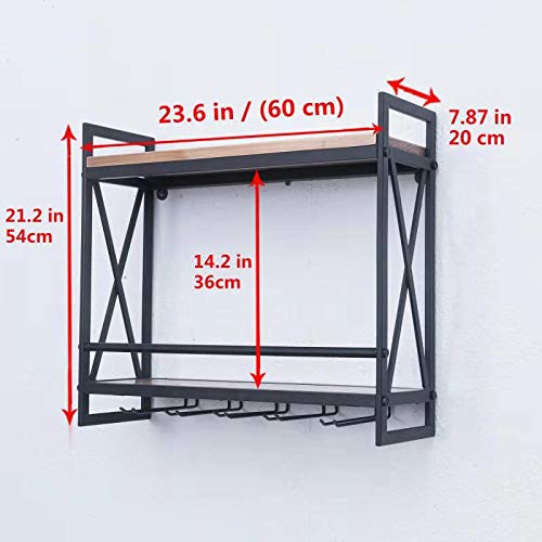 MBQQ Rustic Wall Mounted Wine Rack with 6 Stem Glass Holder - 23.6 Inch Industrial Metal Hanging Wine Storage - 2-Tier Wood Shelf Floating Shelves for Kitchen, Living Room & Home Decor - Perfect for Wine Display & Glass Organization