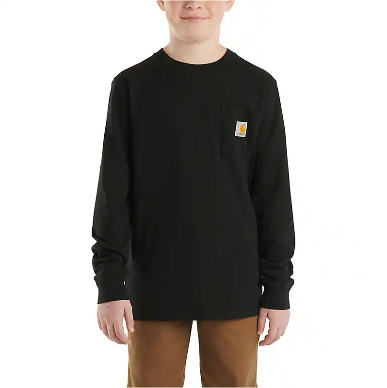 Carhartt Kids Long Sleeve Pocket T-Shirt for Boys & Girls - Soft Cotton Comfortable Casual Wear - Black - Perfect for School, Playdates & Outdoor Activities