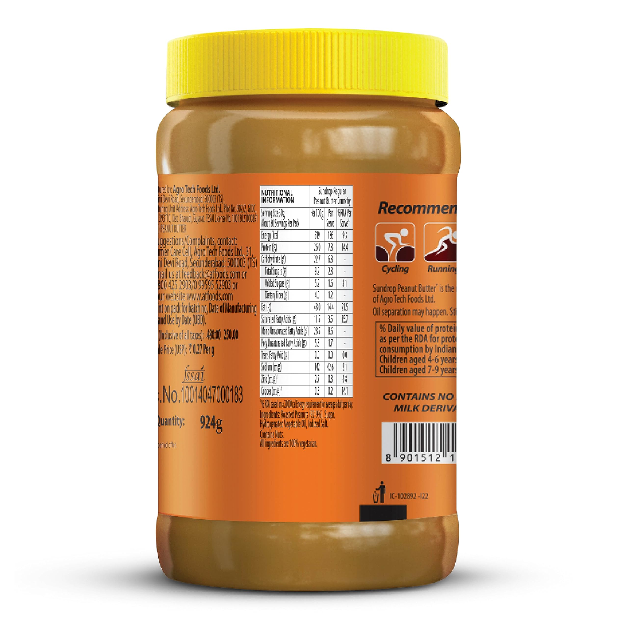 Sundrop Crunchy Peanut Butter 32.6oz (924g) - Natural, No Added Sugar, High Protein Spread for Sandwiches, Smoothies & Healthy Snacks