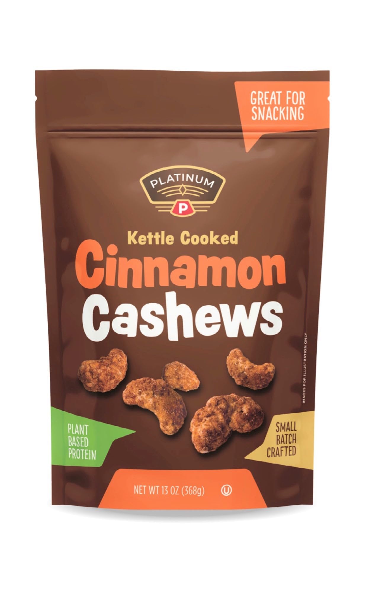 Premium Platinum Kettle Cooked Cinnamon Cashews - Vegan Protein Snack with Fiber | Sweet & Spicy Flavored Healthy Nuts | 13oz Resealable Pouch for Home, Office, Gym & School | Perfect for Energy Boosting & On-the-Go Snacking
