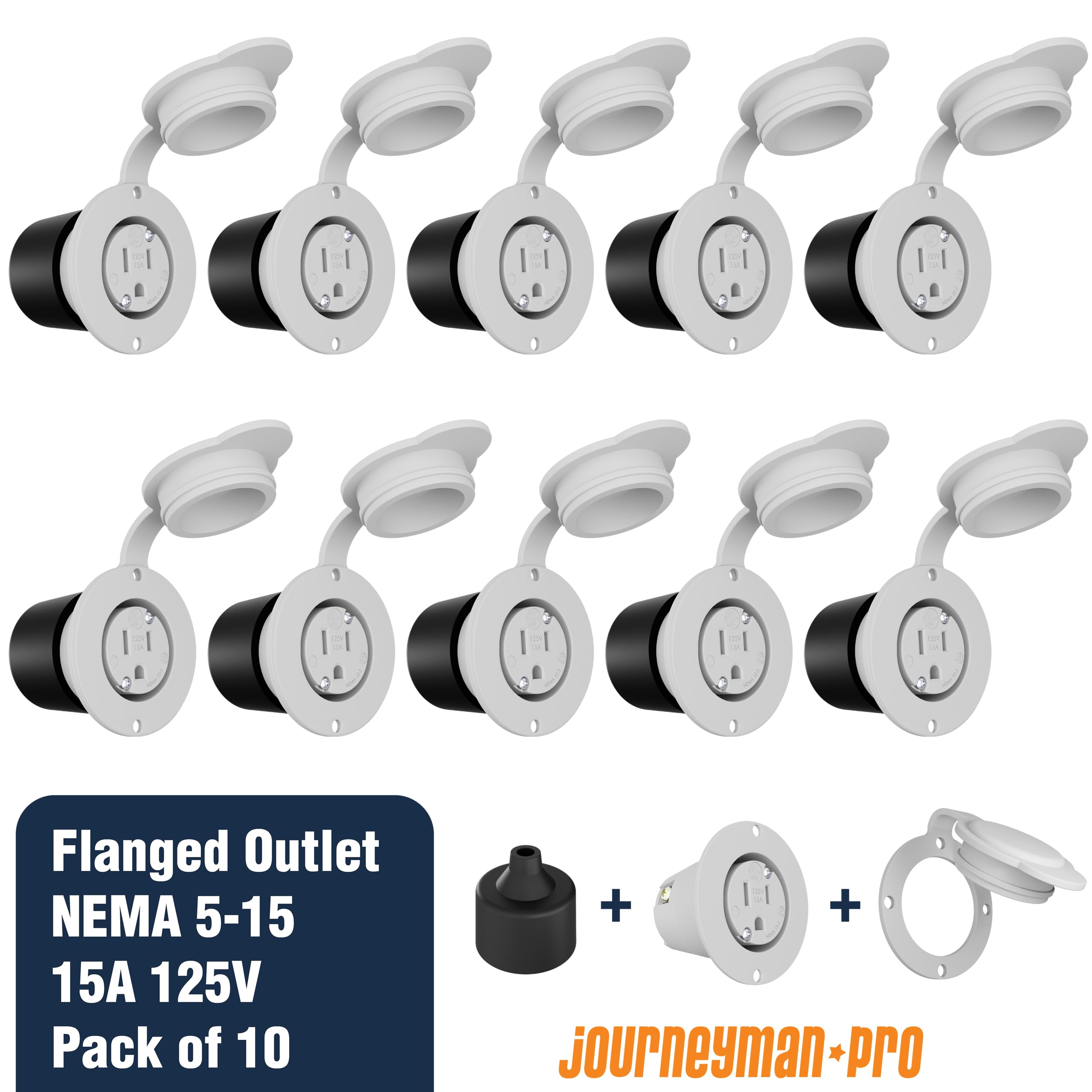 Journeyman-Pro 5279 15 Amp 125V NEMA 5-15 Flanged Outlet, White Commercial Grade Straight Blade Plug (10-Pack with Covers) - Ideal for Workshops, Garages and Industrial Power Distribution