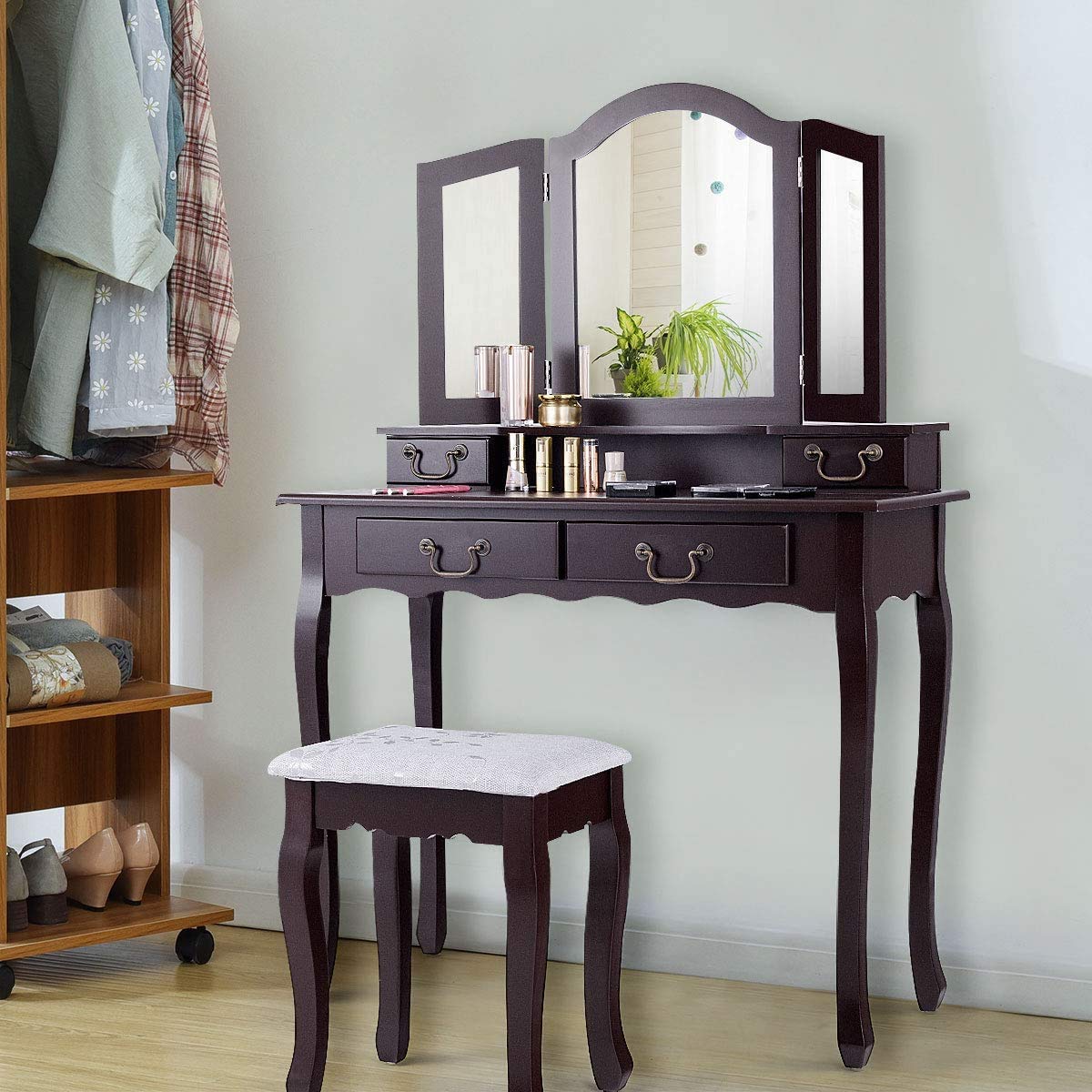 Tri-Fold Vanity Table Set with 4 Drawers & Adjustable Mirror - Detachable Top Writing Desk & Comfortable Stool - Perfect for Makeup, Dressing Room, Home Office, and Coffee Corner