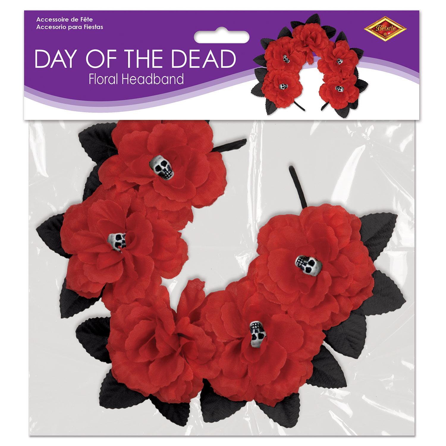 12 Pack Beistle Day of the Dead Red Floral Headbands - Mexican Sugar Skull Hair Accessories for Halloween, Dia de los Muertos Party & Costume Celebrations