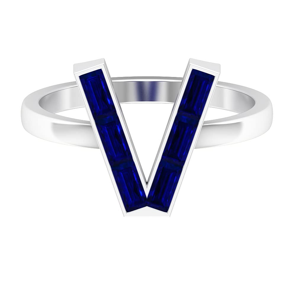 Lab Created Blue Sapphire Alphabet Initial Rings A-Z | 14K White Gold Baguette Letter Rings | Personalized Name Jewelry for Women | Perfect for Birthdays, Anniversaries & Gifts